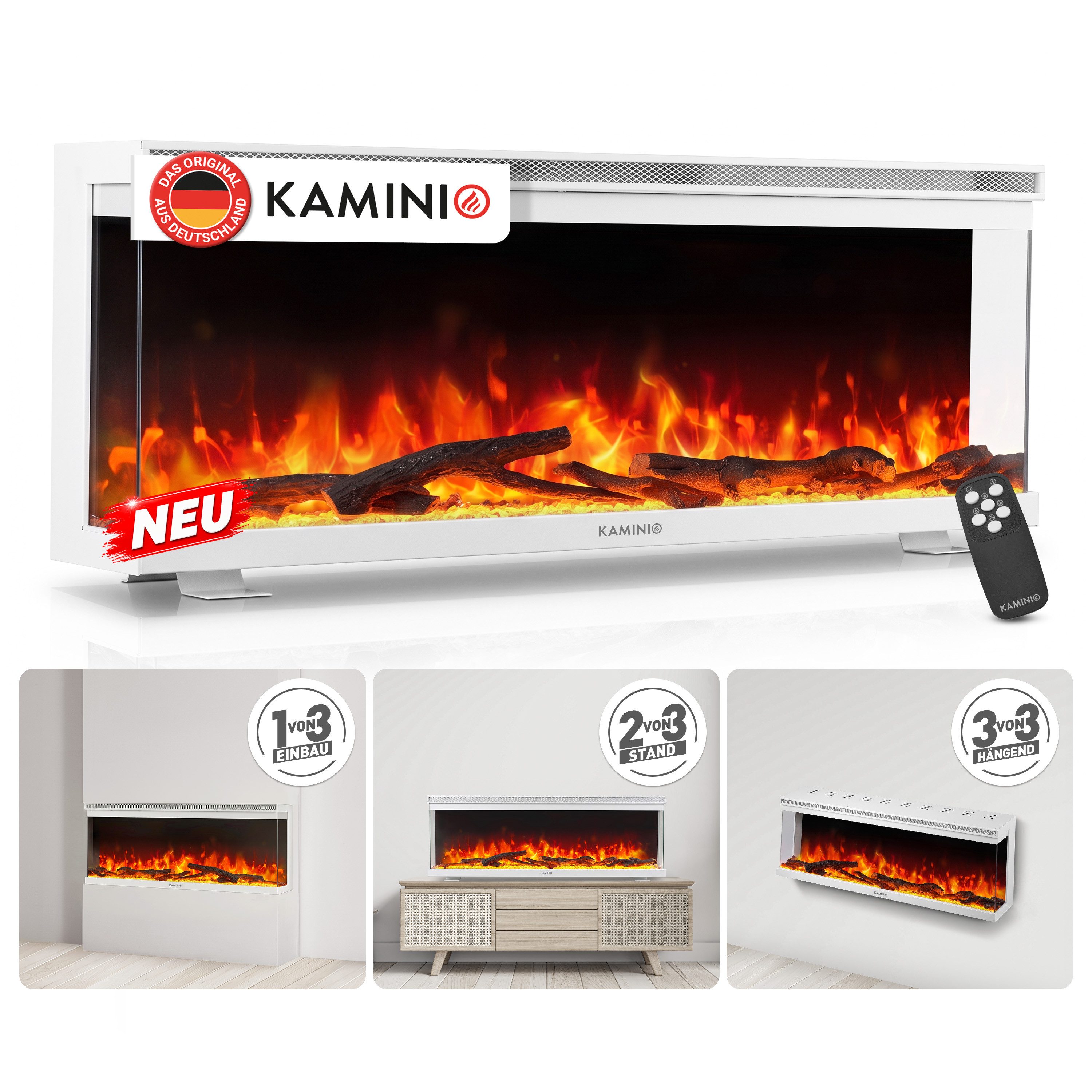 KAMINIO Elektrokamin LEA, 3in1 Kamin: Elektrischer Stand-, Wand- und Einbaukamin, Panoramaview