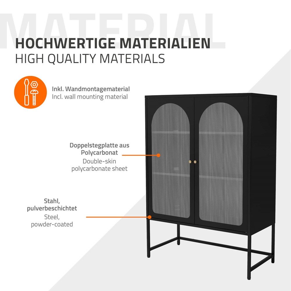 ML-DESIGN Vitrine Buffet Küchenschrank Vitrinenschrank Stahl Standvitrine mit Stauraum Wohnzimmer Hochschrank Standschrank Stahlschrank Kommode Bücherschrank – Bild 5 von 5