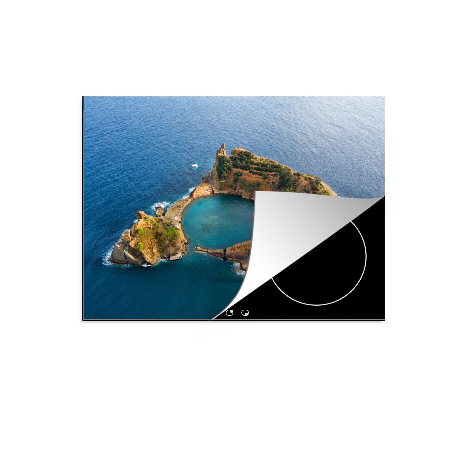 MuchoWow Herdblende-/Abdeckplatte Ein Luftbild eines Kraters auf den Azoren, Vinyl, (1 tlg), 71x52 cm, Induktionskochfeld Schutz für die küche, Ceranfeldabdeckung