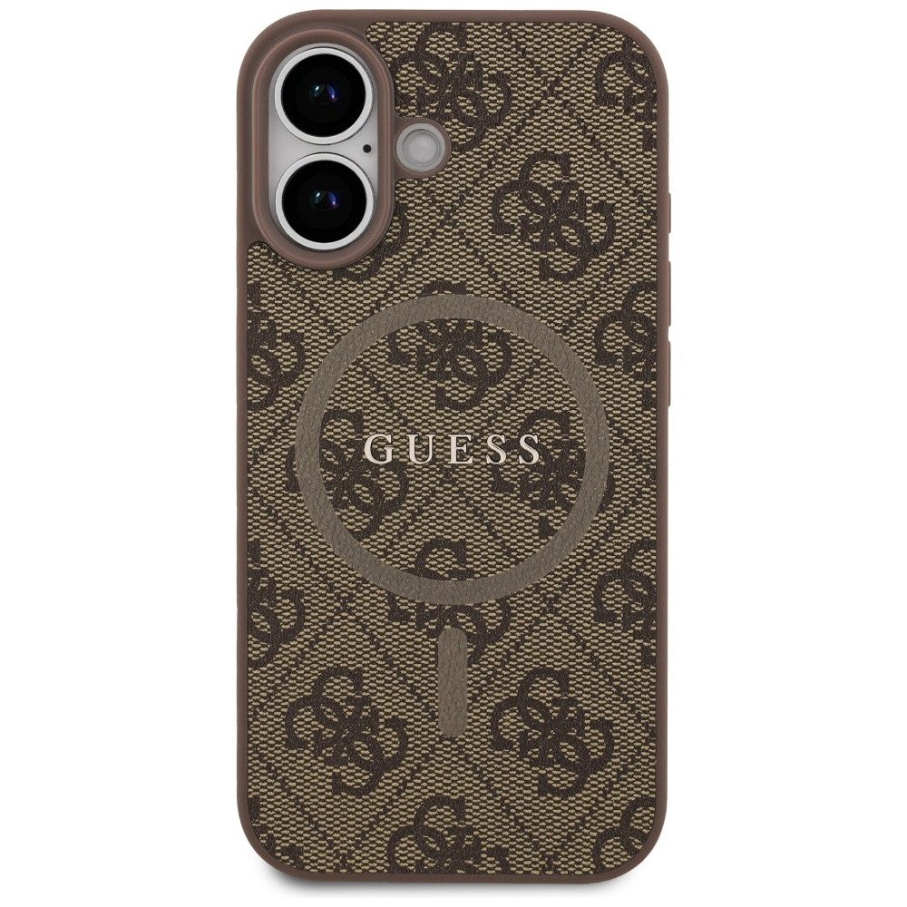 Guess Handyhülle Case iPhone 17 MagSafe Kunstleder braun Logo goldfarben 6,3 Zoll, Kantenschutz