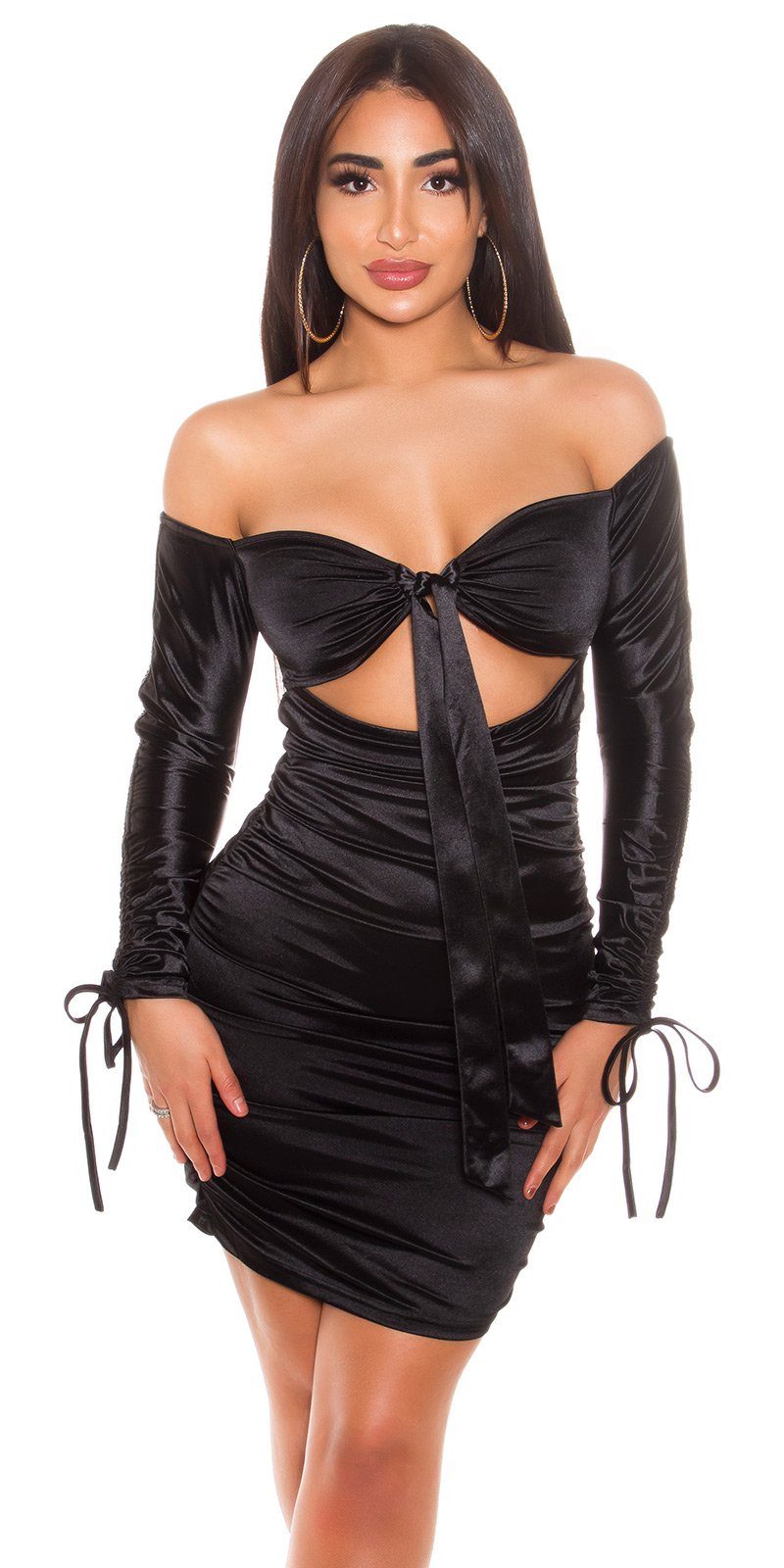 Koucla Off-Shoulder-Kleid schwarz Minikleid im gerafftes Look Satin