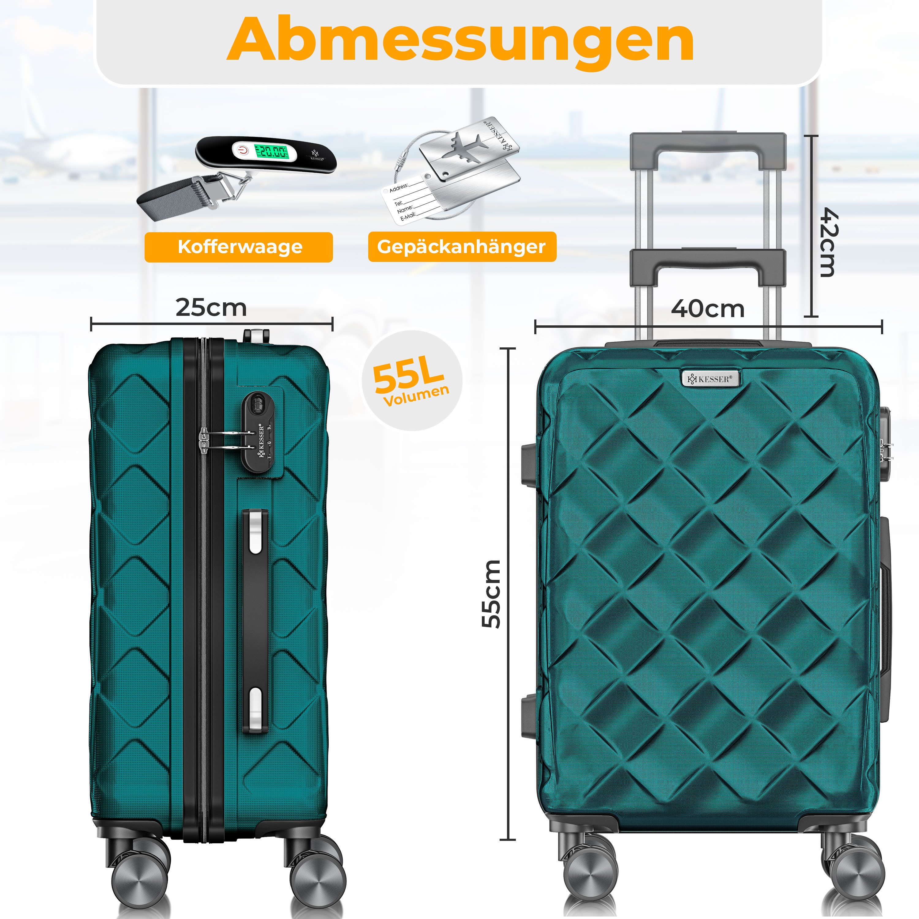 KESSER Hartschalen-Trolley Reisekoffer, 4 Rollen, ABS Hartschalenkoffer mit Zahlenschloss Kofferwaage & Reisebrieftasche