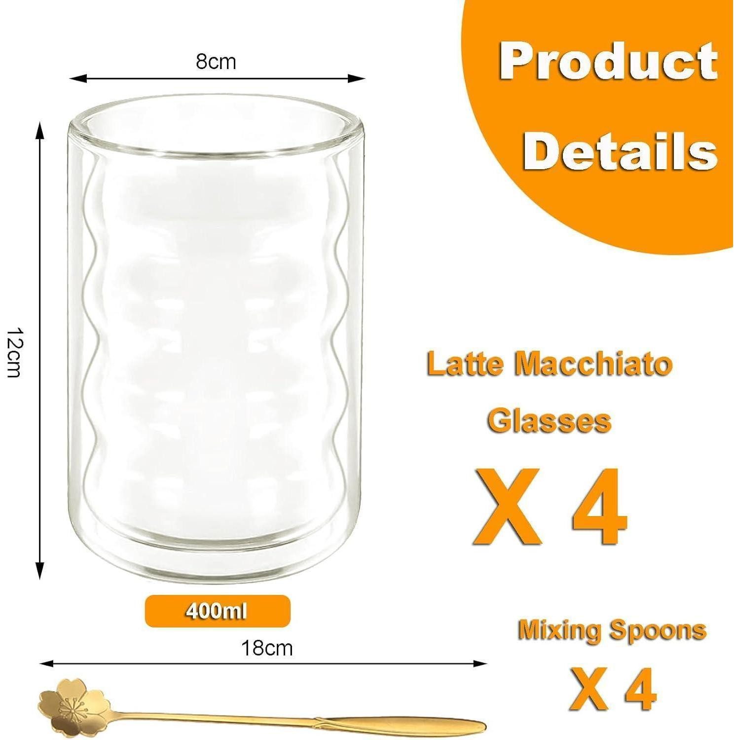 LuxusKollektion Latte-Macchiato-Glas Latte Macchiato Gläser Doppelwandig 400ml 4er Pack + Löffel