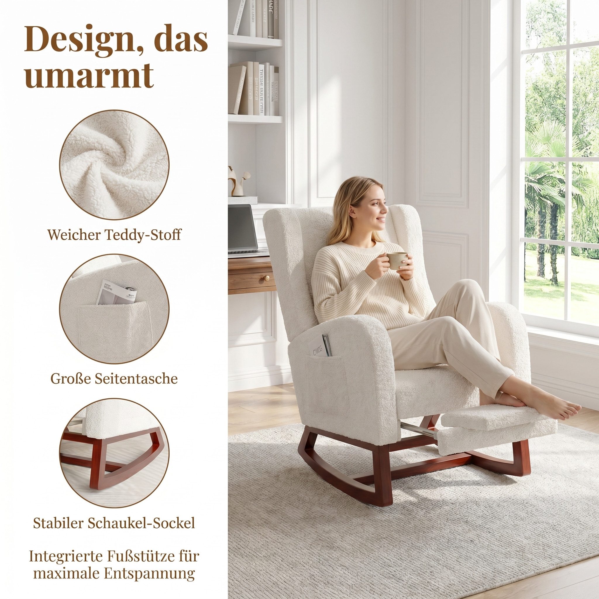 BELUPAI Schaukelstuhl Polster Schaukelsessel, mit Fußstütze,für Schlafzimmer, (Set, 1 St), 2 Seitentaschen,1 Lendenkissen,Teddystoff,Beige – Bild 2 von 5