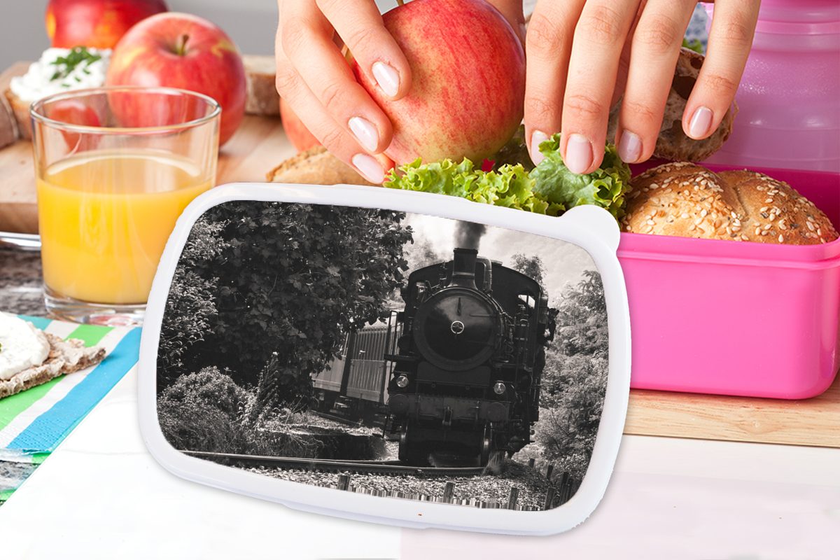 Kunststoff, Snackbox, Schwarz-Weiß-Foto Brotdose Lunchbox (2-tlg), rosa in Italien, Erwachsene, Kinder, eines Kunststoff Dampfzuges für Brotbox Mädchen, MuchoWow