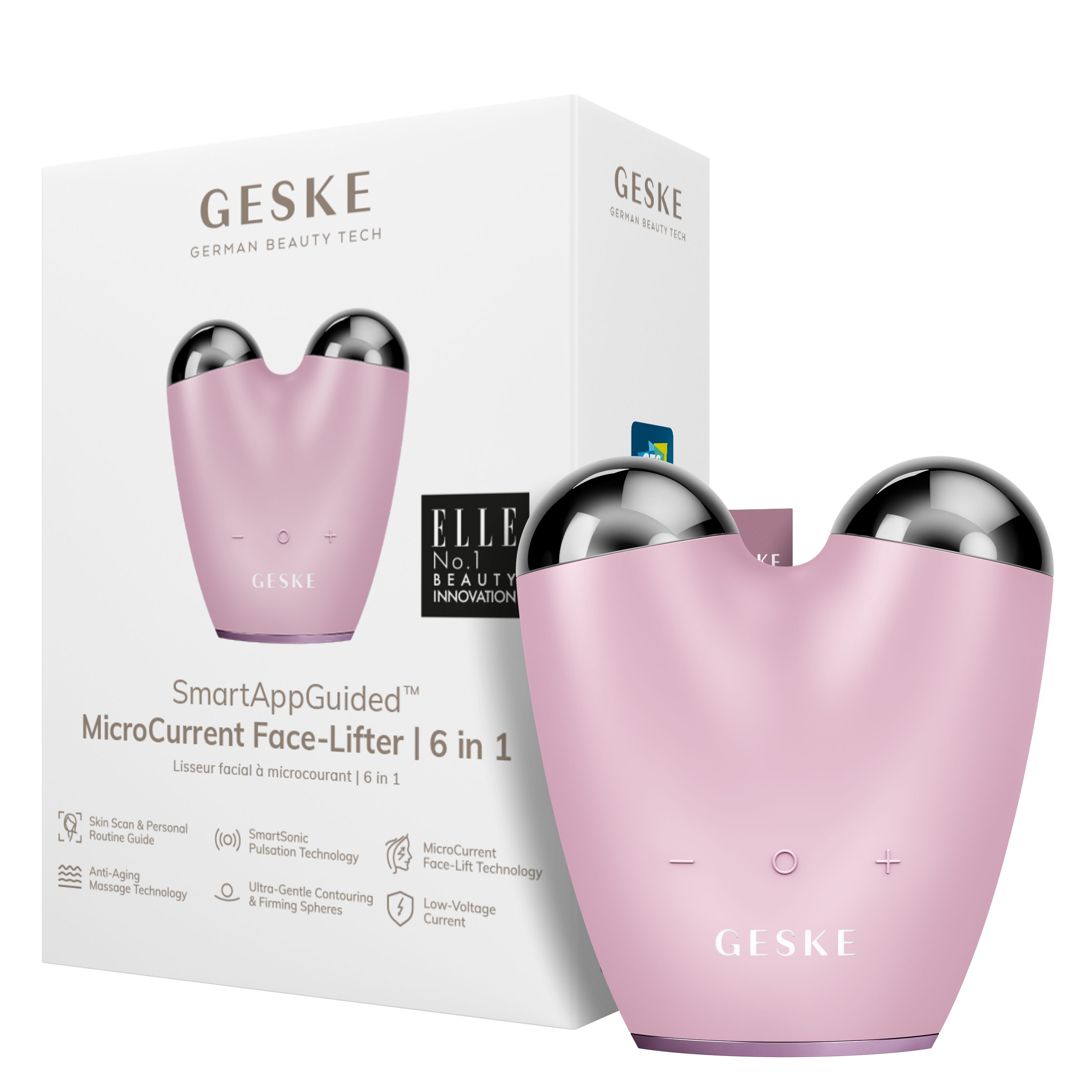 GESKE German Beauty Tech Enhancer SmartAppGuided™ MicroCurrent Face-Lifter 6 in 1, Packung (Gerät & USB-Ladekabel), 2-tlg., Gerät inkl. kostenloser APP (SmartAppGuided Device), Mit der GESKE App erhältst Du deine personalisierte Hautpflegeroutine.