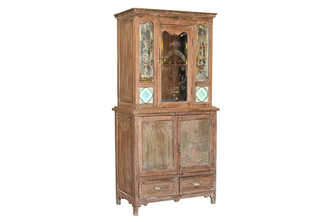 daslagerhaus Bauernschrank Vitrinenschrank Dutch Style mit Kacheln natur