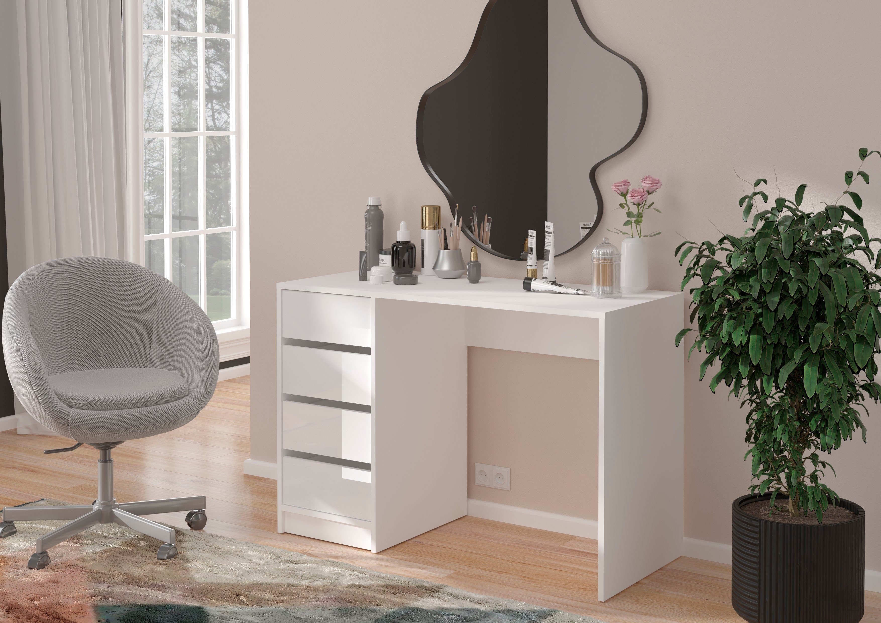 Home affaire Schreibtisch Pisa, Breite 110 cm, 4 Schubkästen, hochglanz Schubkastenfront, grifflose Optik, individuell einsetzbar, Schminktisch, Homeoffice