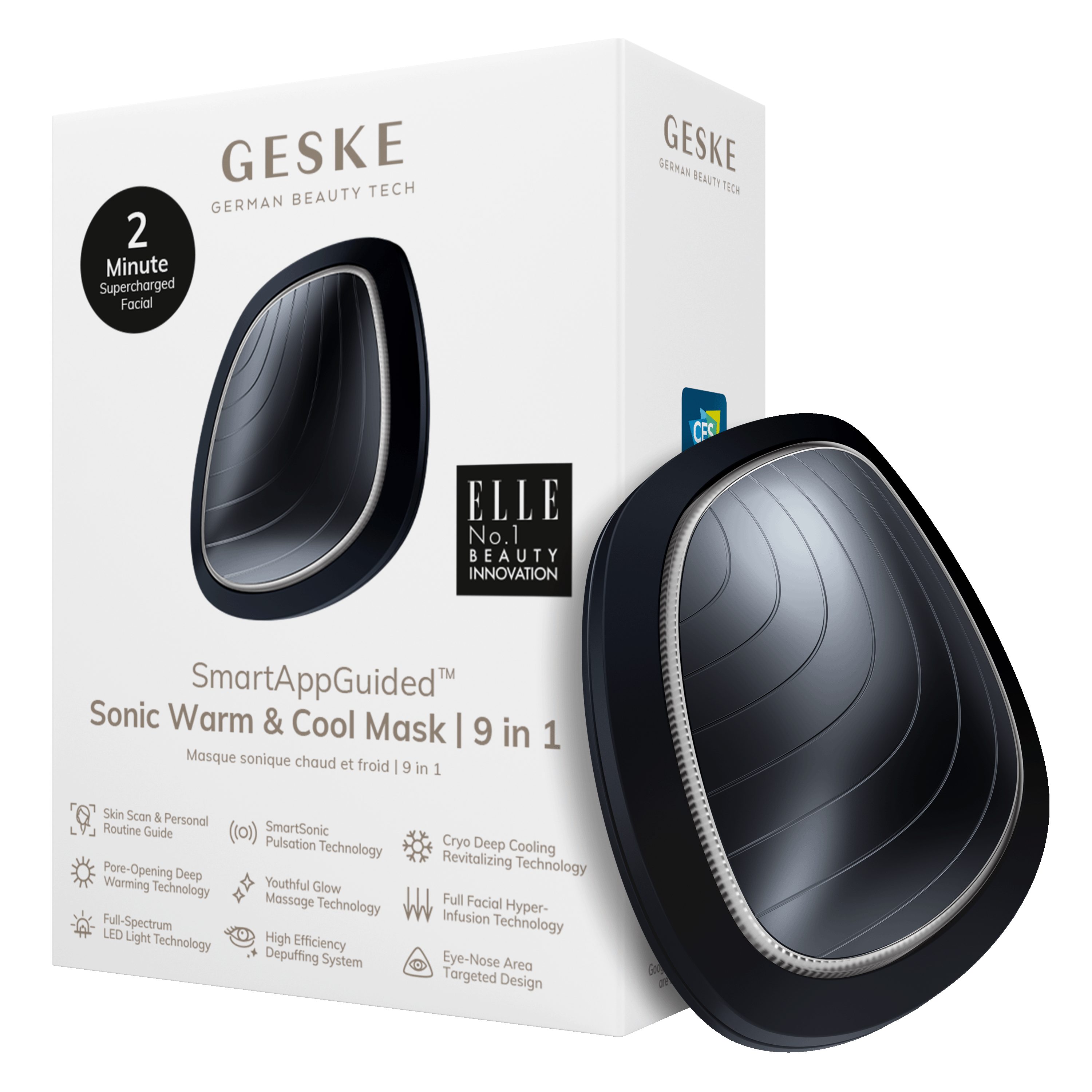 GESKE German Beauty Tech Enhancer SmartAppGuided™ Sonic Warm & Cool Mask 9 in 1, Packung (Gerät & USB-Ladekabel), 2-tlg., Gerät inkl. kostenloser APP (SmartAppGuided Device), Mit der GESKE App erhältst Du deine personalisierte Hautpflegeroutine. Black