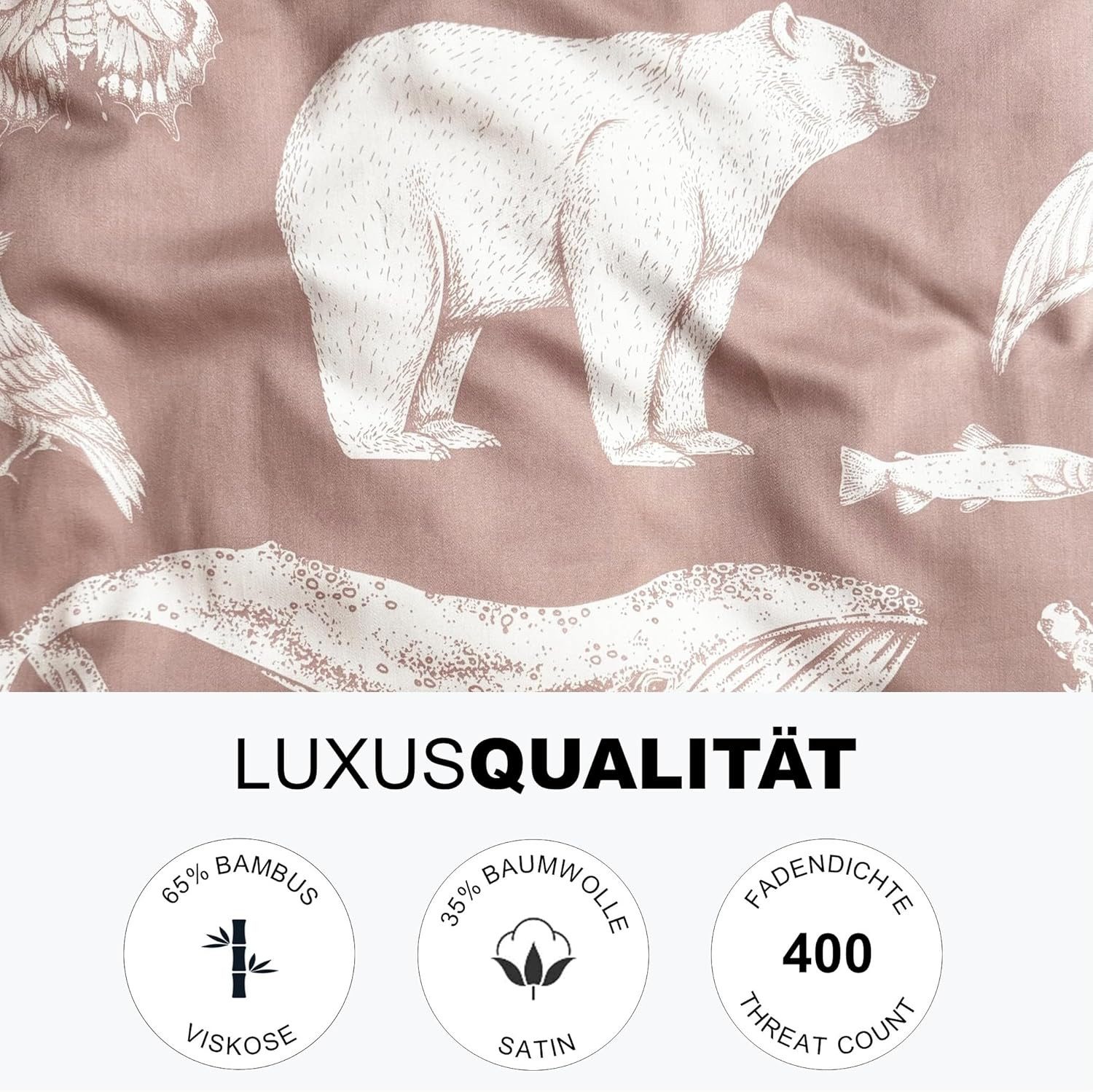 MAGANO Kinderbettwäsche, Bambus & Baumwolle Satin, Luxus Kinder Bettwäsche, 400 TC Luxusqualität, Tiermuster, Hypoallergen, Thermoregulierend