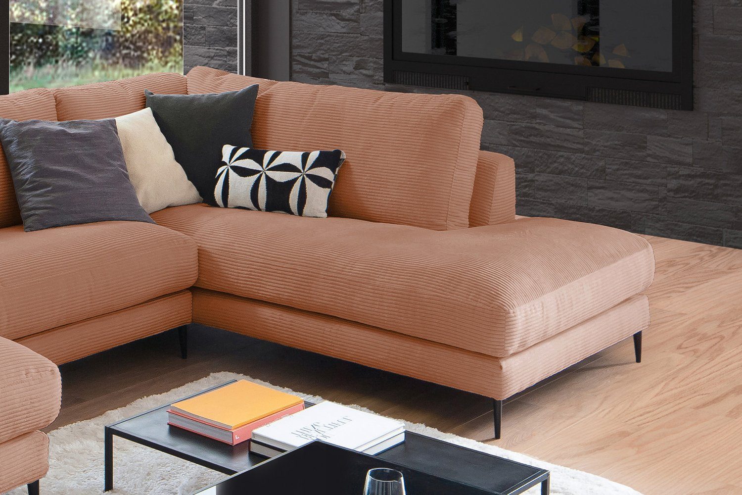 Longchair U-Form Sofa links, CARA, rechts Cord, Farben versch. rost Wohnlandschaft od. KAWOLA