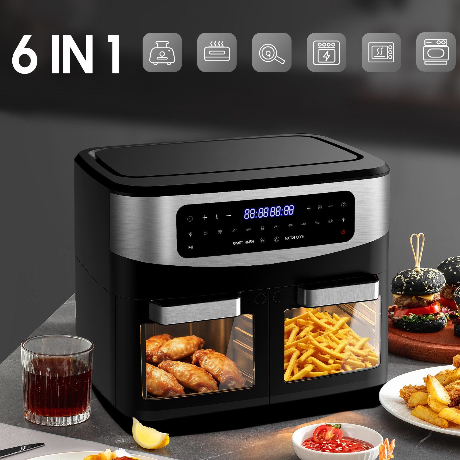 AIMAX Heißluftfritteuse Dual Zone Airfryer mit Sichtfenster, LED-Touch, 10 Programmen, gesund & fettarm, 2200 W, Doppelkammer mit herausnehmbarer Trennwand, Ind – Bild 3 von 5