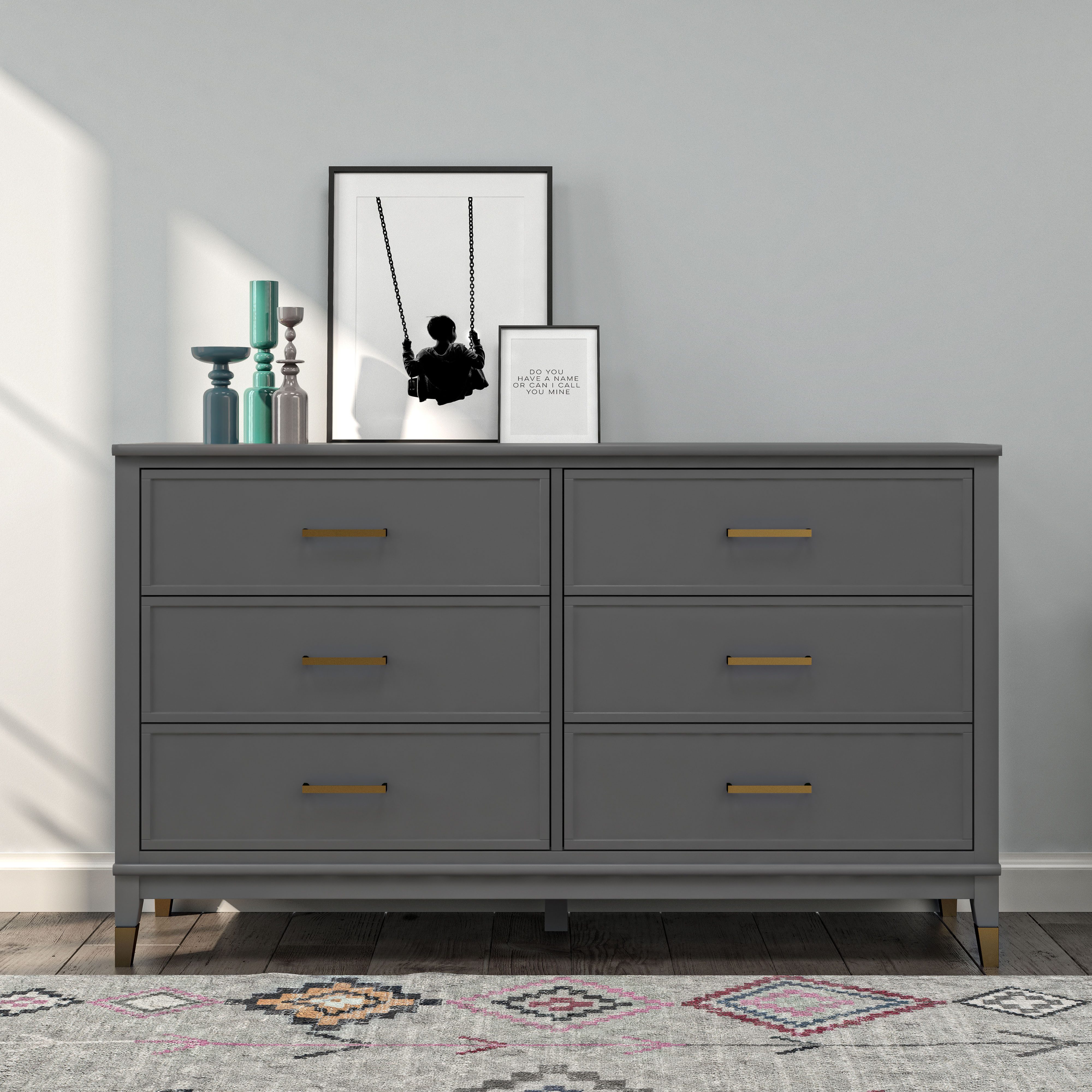 Dorel Home Kommode Westerleigh, mit 6 Schubladen, MDF, Beine aus Massivholz, Höhe 85 cm, Breite 145 cm