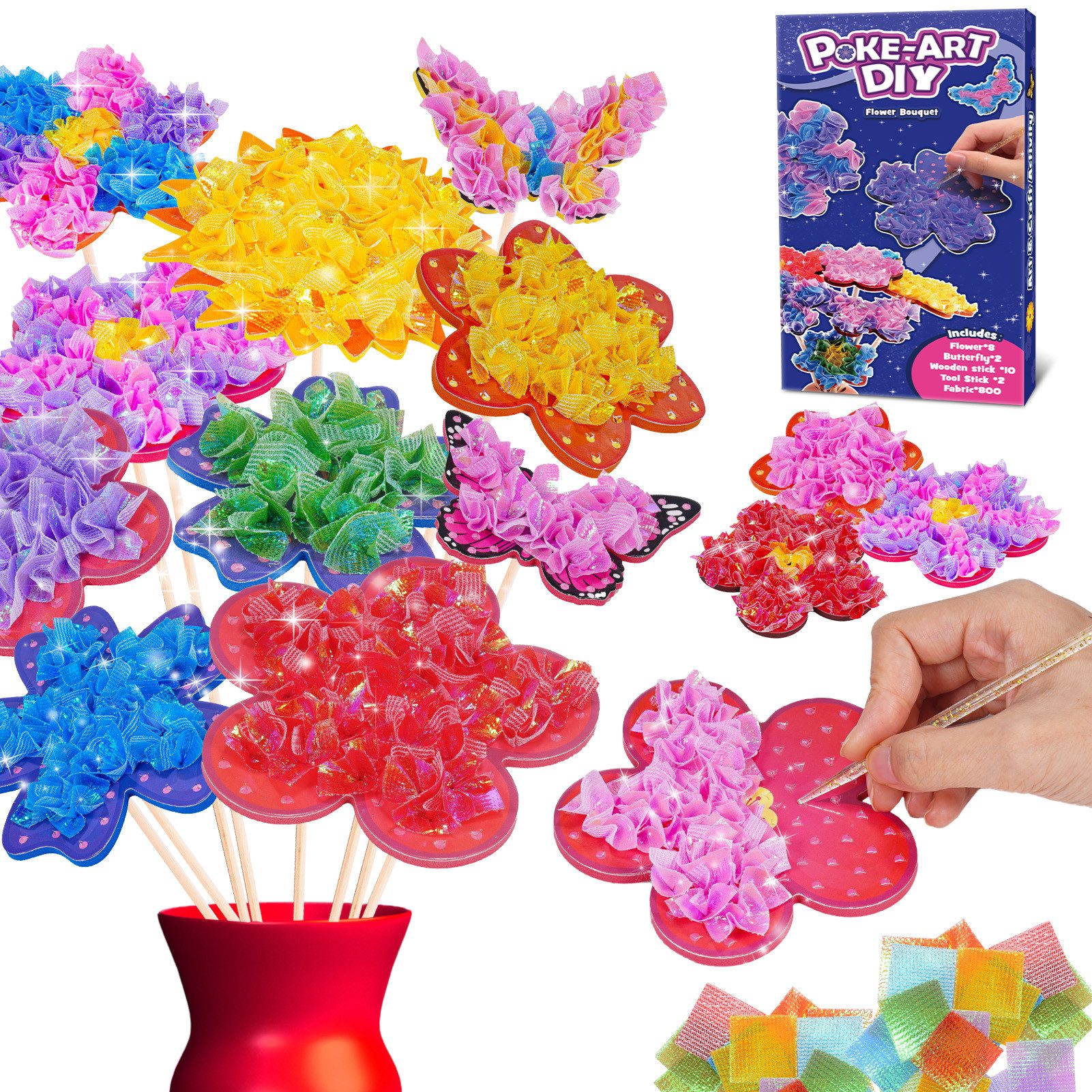 Wootoy Kreativset DIY Poke-In Bastelset für Mädchen Steckspiel Lernspielzeug ab 4, (mit Stoffquadrate Blumenformen Holzstiele Einsteckstäbe, 1-tlg., Umfangreiches DIY-Bastelset zur Gestaltung individueller Blumensträuße), Ideal für gemeinsames Basteln mit