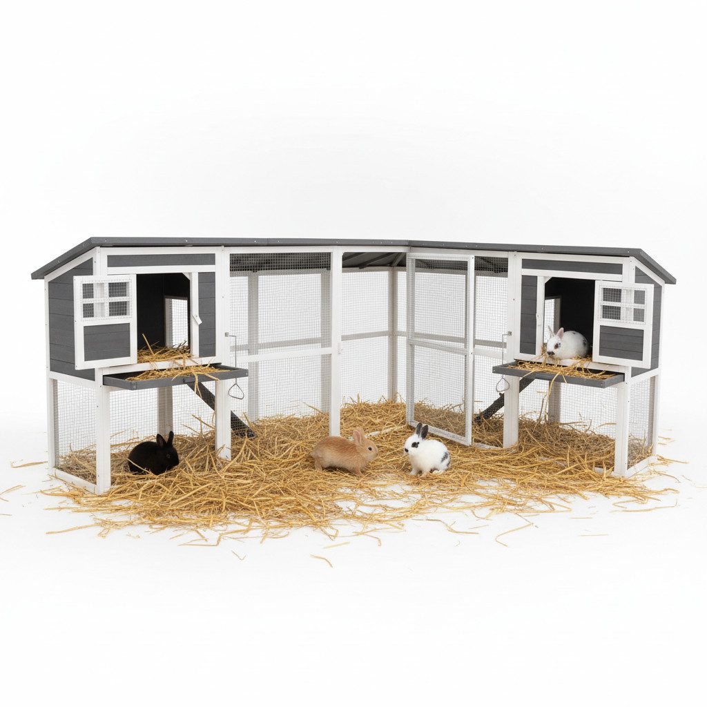 Melko Kleintierstall XXL Kaninchenstall mit Freilauf und 2 Etagen – Kleintierstall aus Holz, Kleintierstall mit Freilaufbereich und zwei geschützten Stallkammern