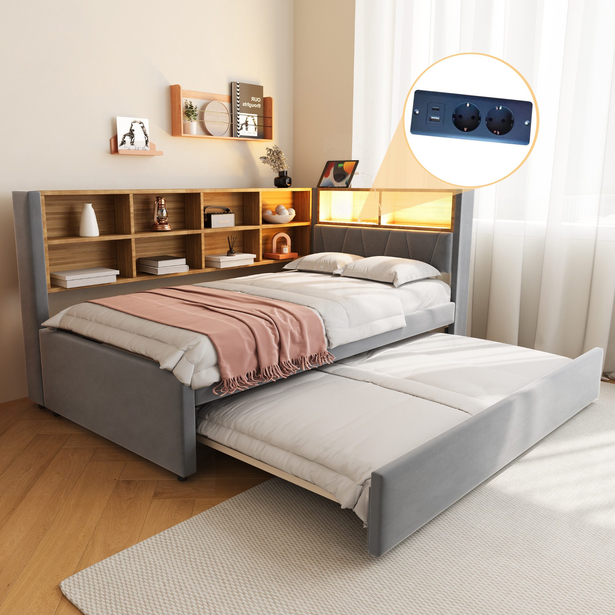 Odikalo Ausziehbett Schlafsofa Polsterbett Bettgestell Ablagefach 90x190/200cm Mehrfarbig