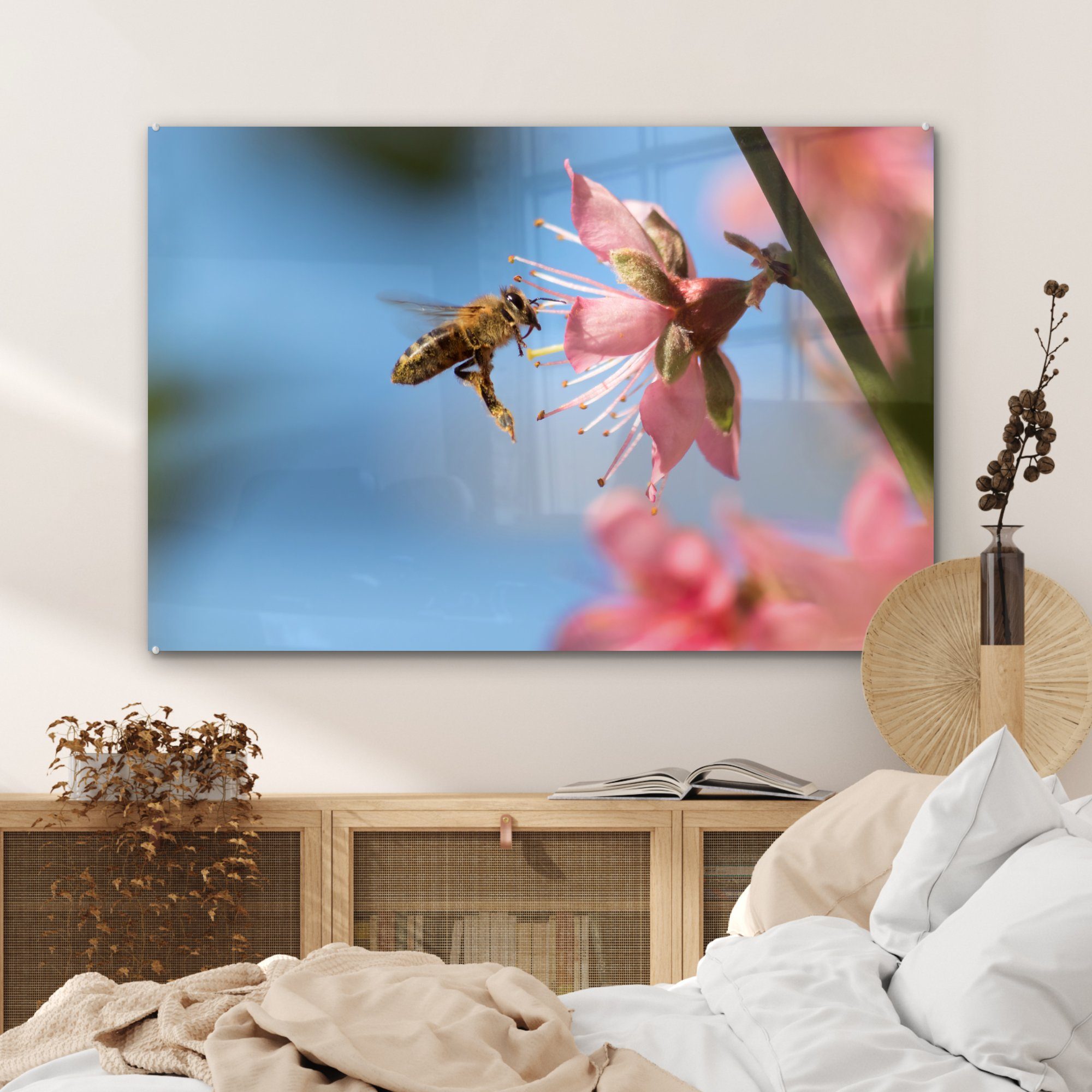 auf Schlafzimmer rosa einer Wohnzimmer Acrylglasbild MuchoWow Blume, & Acrylglasbilder Biene Nahaufnahme (1 einer St),