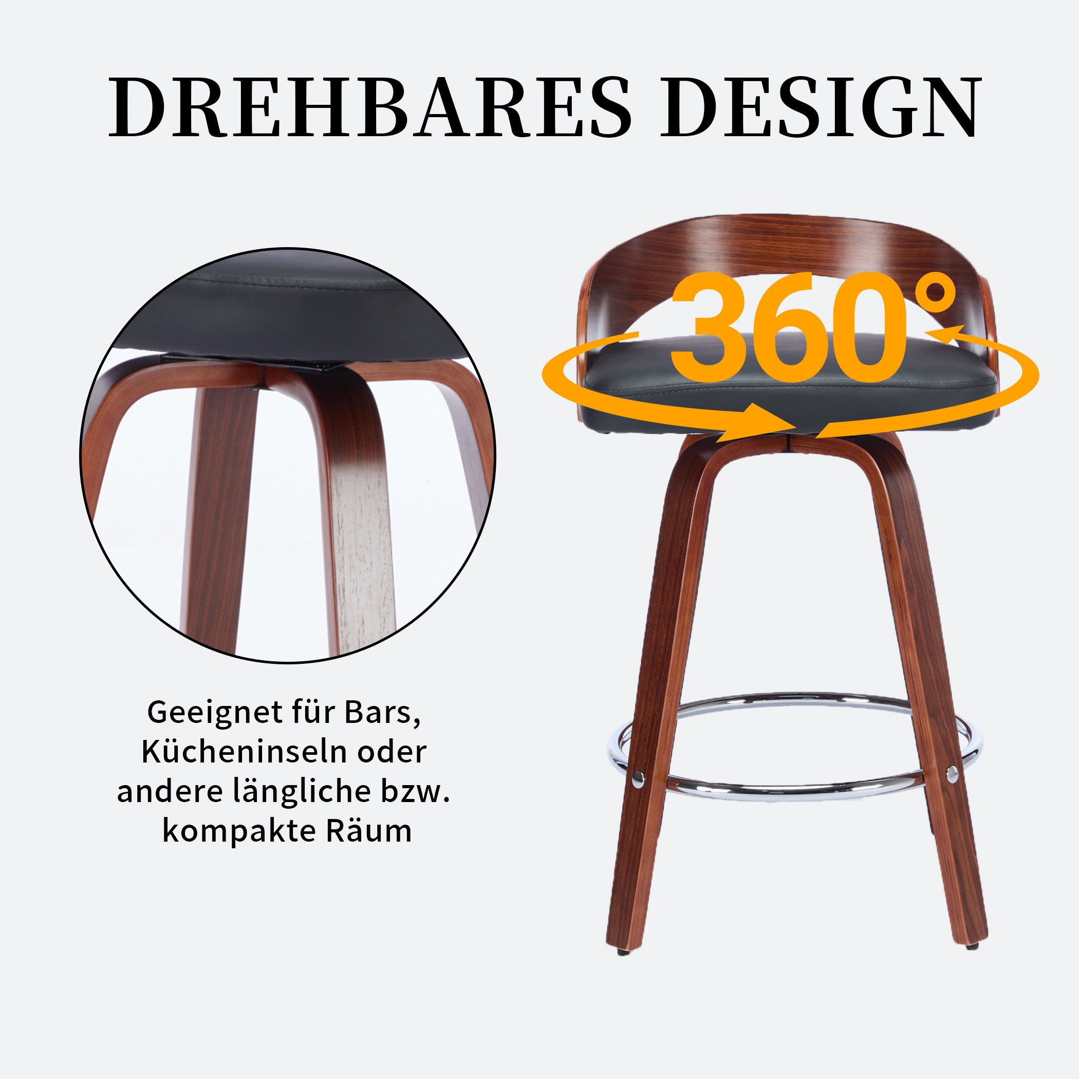 SeedWave Barhocker mit Lehne, 2er Set Drehocker mit PU-Ledersitz, Metall Ring-Fußstütze, Retro Industriestil Barstuhl, Holzbeine mit verstellbaren Fußgleitern