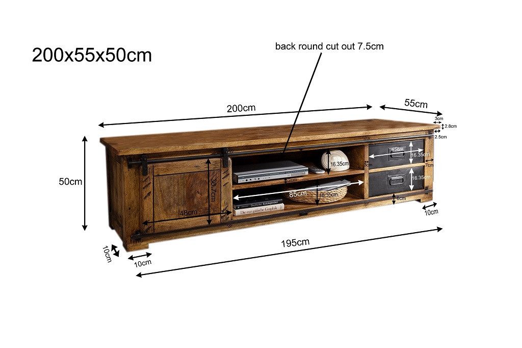 Main Möbel TV-Schrank TV Board 200x50cm 'Railroad' Mango & Eisen
