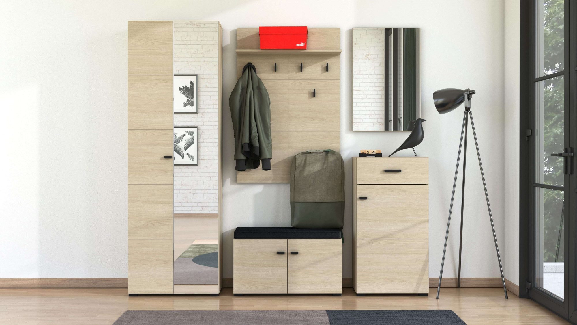 Home affaire Garderoben-Set Rathlin Flurmöbel, Dielenmöbel, Flurschrank, Flurgarderobe, (5-St., 5tlg), inkl. 2 Schränke, Sitzbank mit Kissen, Garderobenpaneele und Spiegel