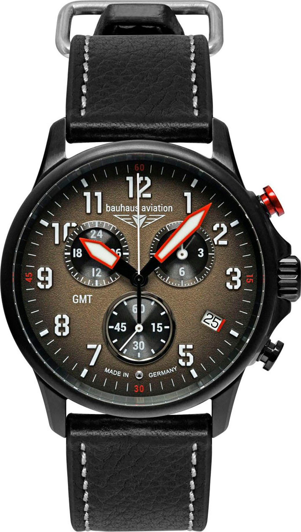 bauhaus Chronograph Flight Control Blackwing GMT 2886-1, Quarzuhr, Armbanduhr, Herrenuhr, Made in Germany, analog, Tag