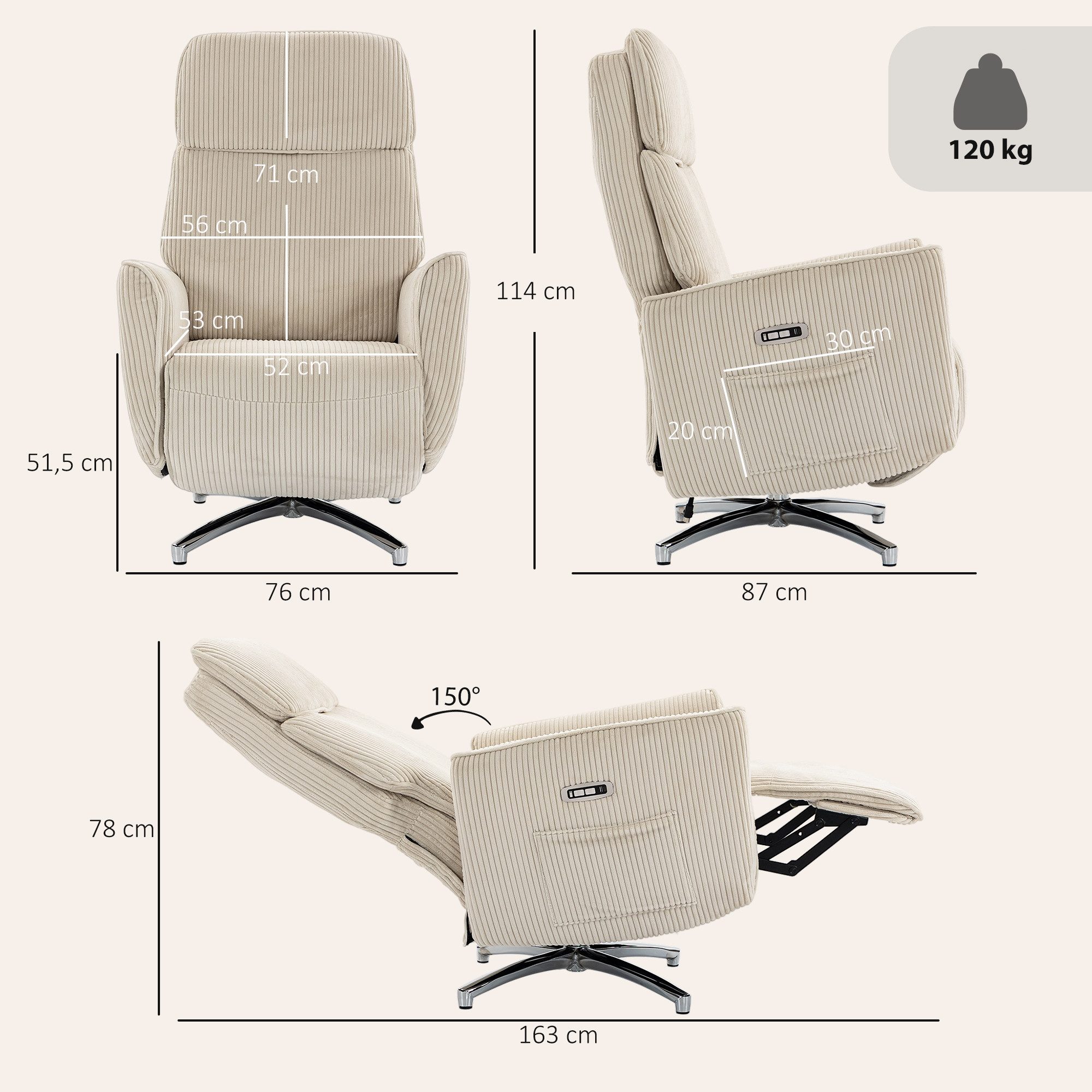 HOMCOM Relaxsessel Elektrisch verstellbarer Fernsessel mit Liegefunktion, 2 Motoren (mit USB-Anschluss, Verstellbarer Kopfstütz und Rückenlehne, 1-St., TV Sessel), für Wohnzimmer, Creme