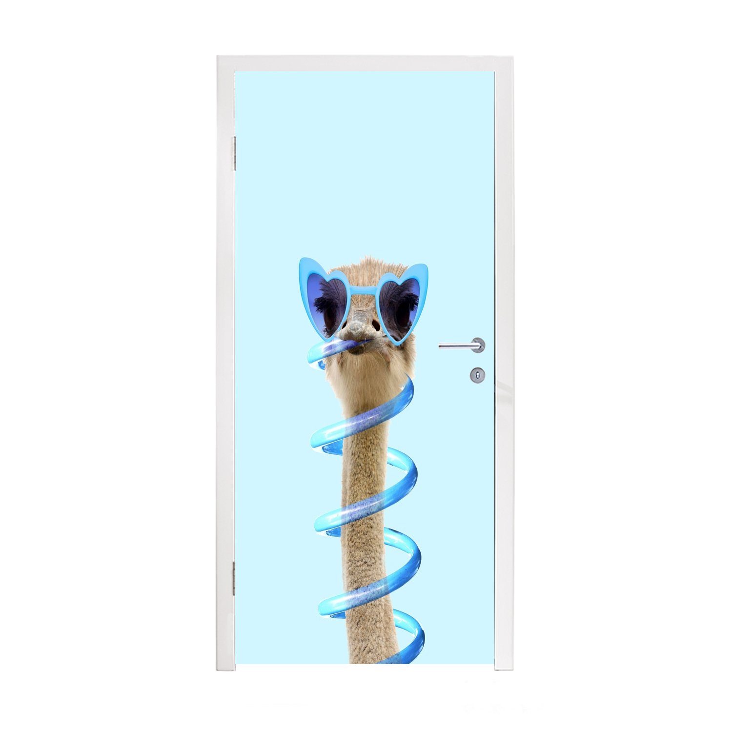 MuchoWow Türtapete Strauß - Sonnenbrille - Blau - Tiere, Matt, bedruckt, (1 St), Fototapete für Tür, Türaufkleber, 75x205 cm
