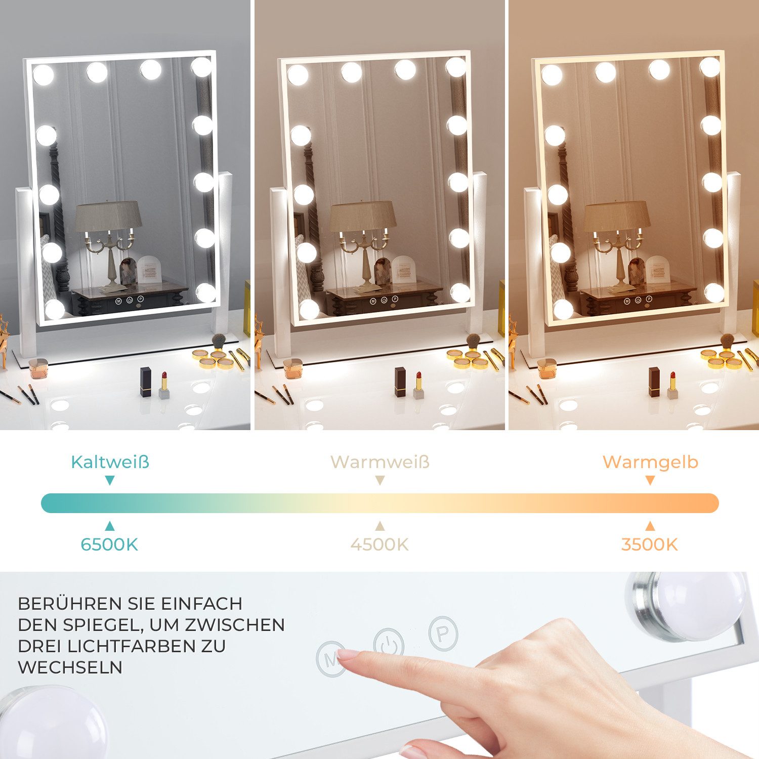 oyajia Schminkspiegel mit Beleuchtung Hollywood Spiegel, 3 Lichtfarben Touch Dimmbar (30x40cm,Hollywood Spiegel,Schminkspiegel mit Licht, 12 Dimmbare LED,3 Bele – Bild 4 von 5