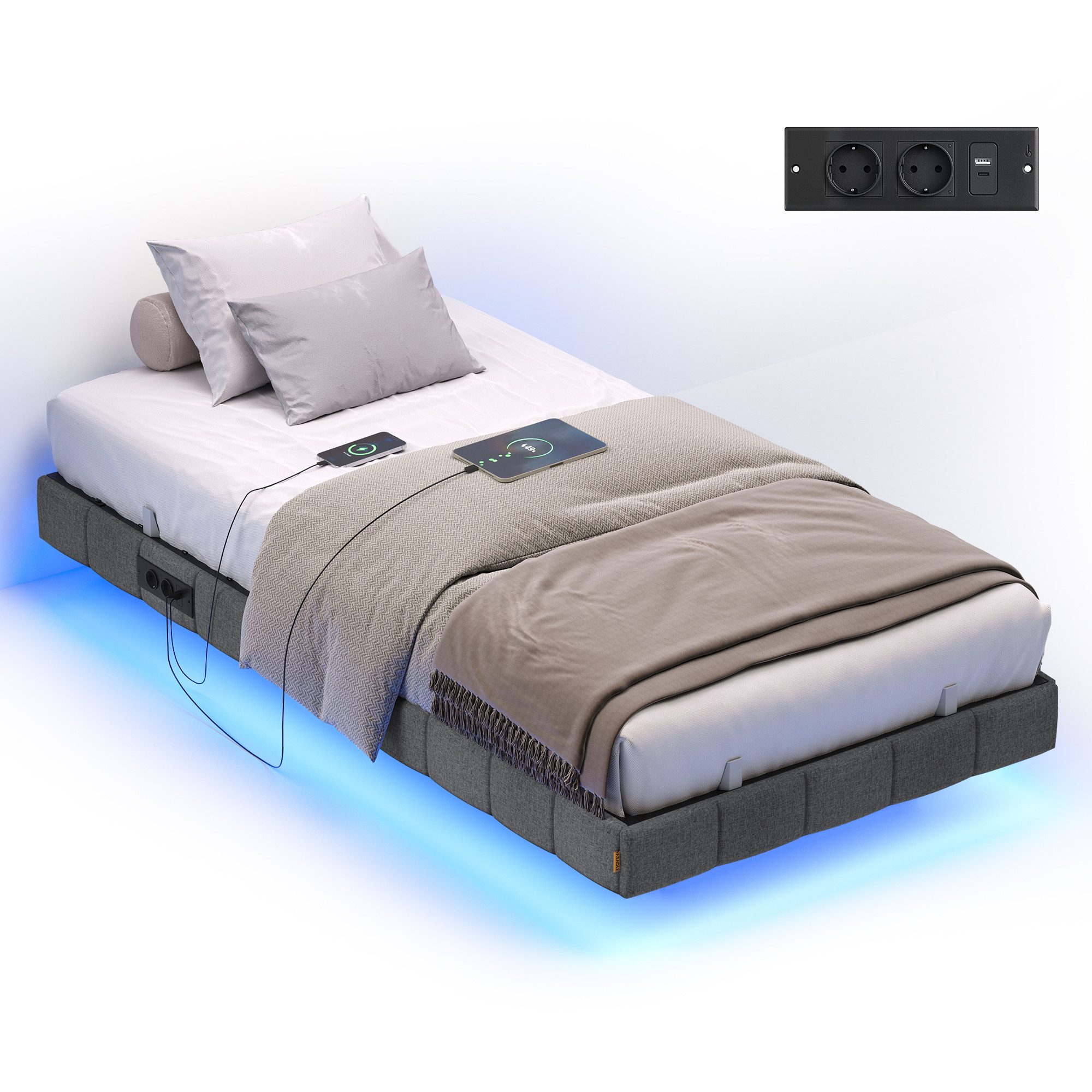 VASAGLE Polsterbett, Bettrahmen, mit LED-Beleuchtung, Bettgestell, schwebender Effekt