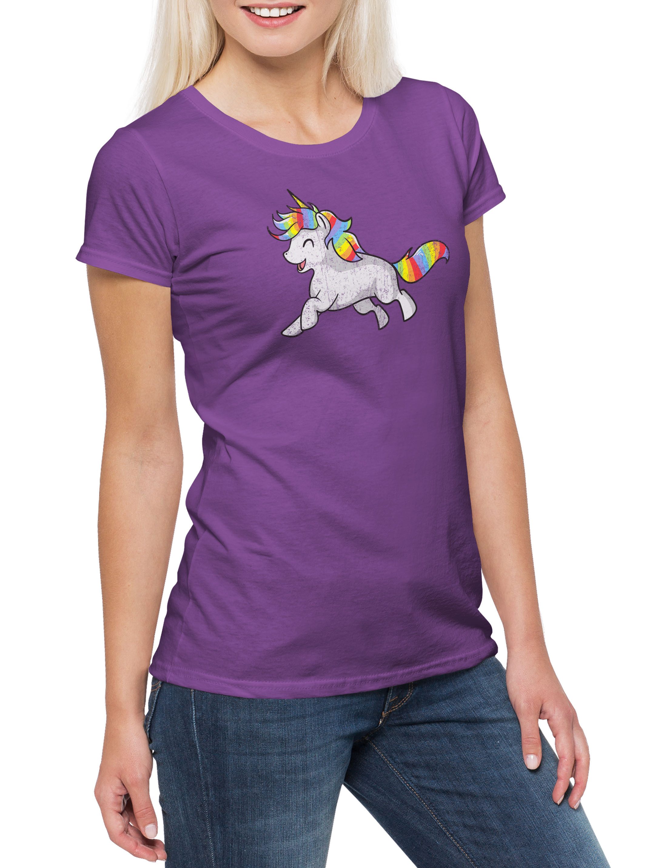Urban Backwoods Print-Shirt Happy Unicorn Damen T-Shirt Comic Einhorn Regenbogen Rainbow Cartoon (1-tlg) Cute Gay Lesbian LGBTQ