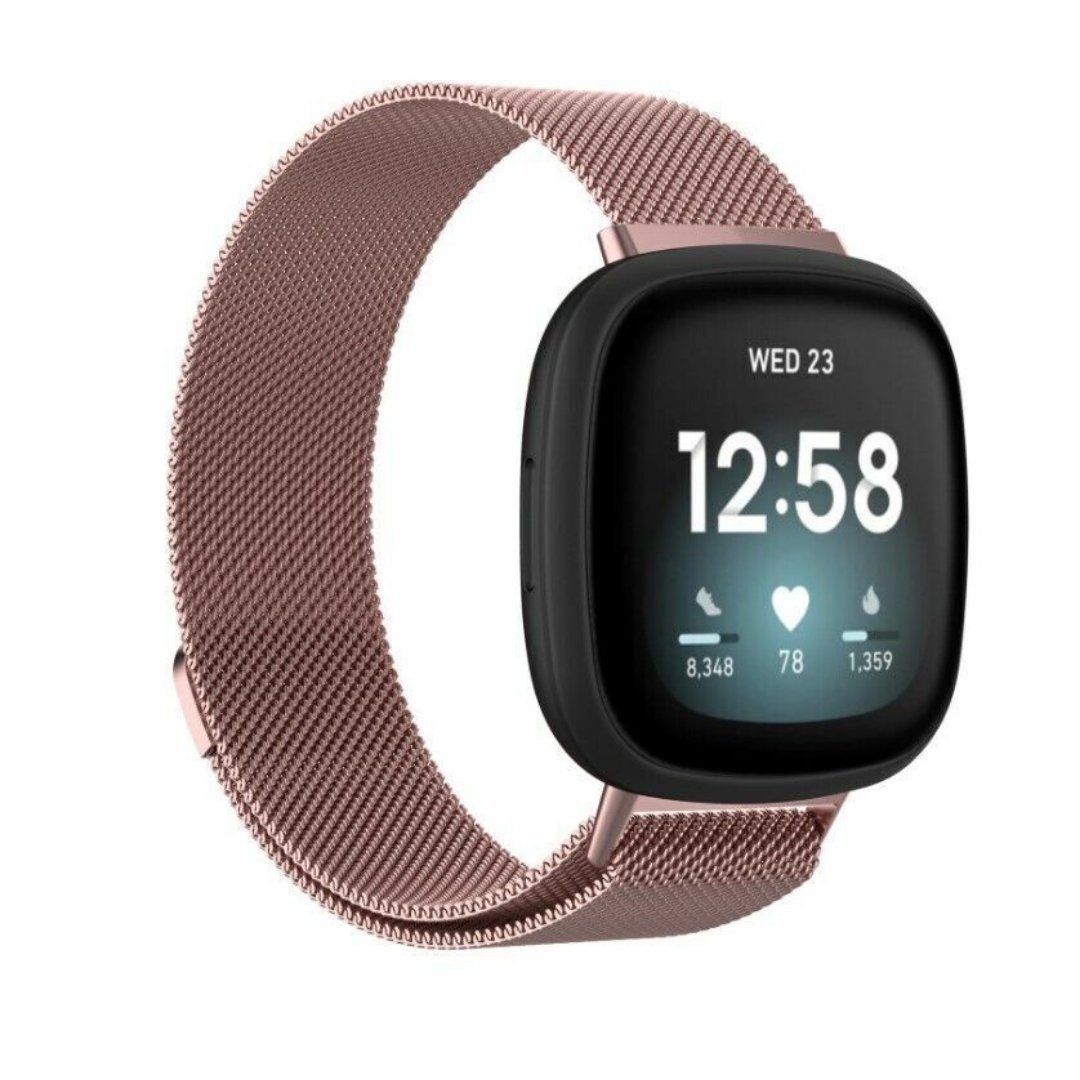 zeitloses Atmungaktiv, 3 Uhrenarmband SmartUP stufenlos Milanese, Pink verstellbar Für Fitbit Edelstahl Design, Magnetisches Armband Versa