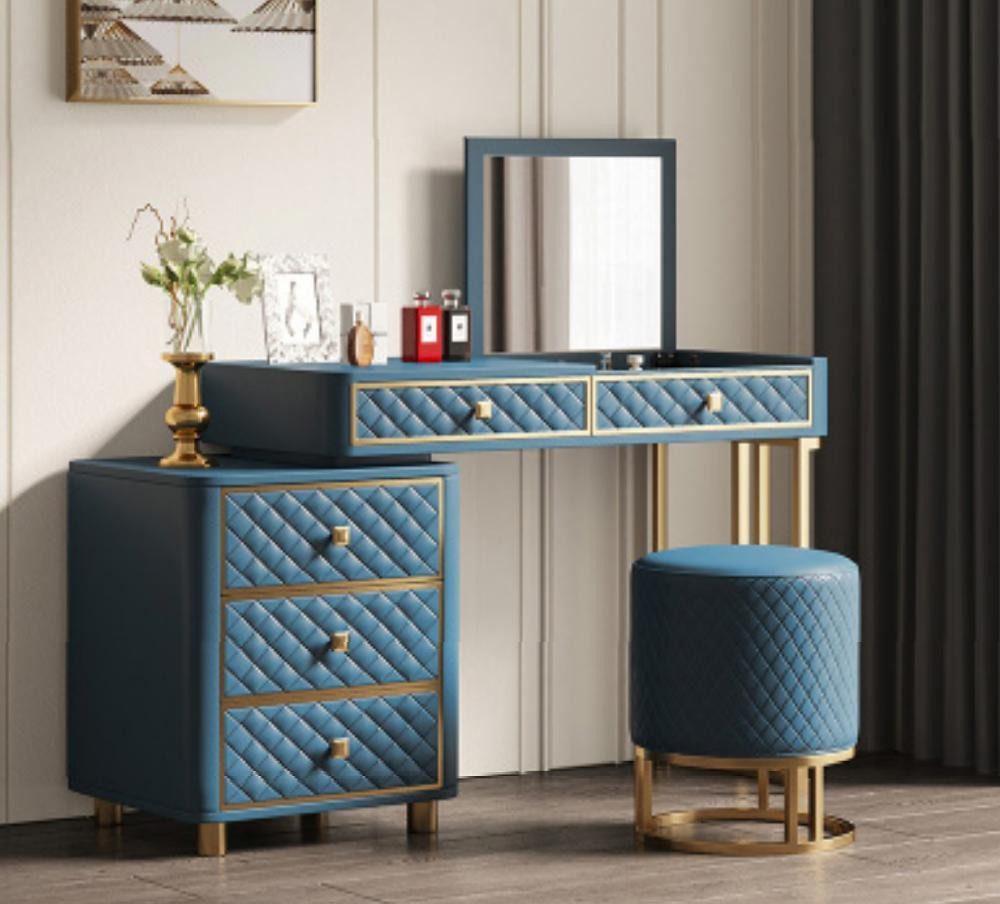 JVmoebel Schminktisch Kosmetikfrisiertisch in Blau mit goldenen Füßen und Hocker, Made in Europa