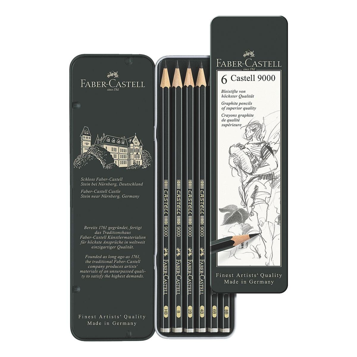Faber-Castell Bleistift CASTELL 9000, HB, Härtegrade: 6B, 2B, B, Metalletui 4B, (6-tlg), im 8B