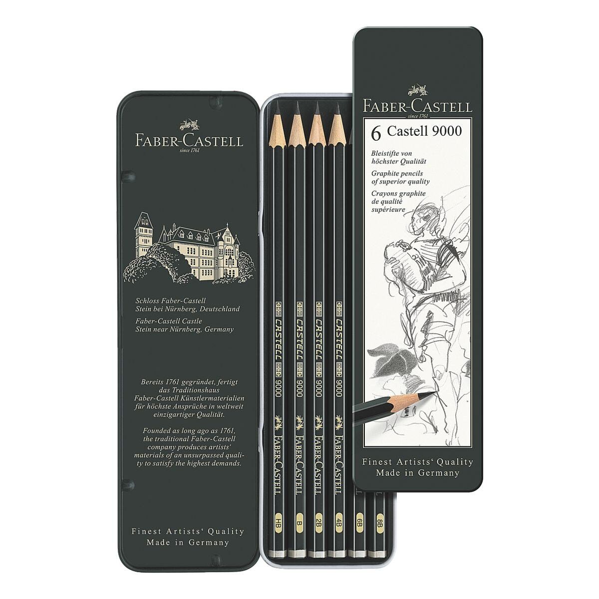 (6-tlg), 9000, im 8B, CASTELL 6B, Metalletui Bleistift 2B, HB, Härtegrade: 4B, B, Faber-Castell