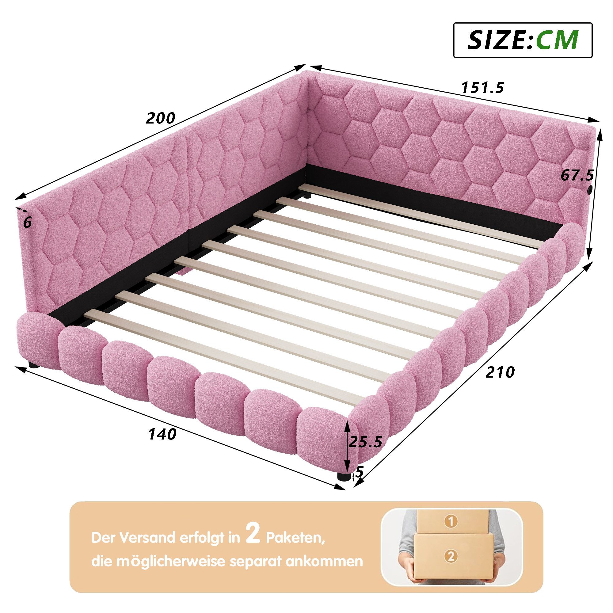 Gdood Polsterbett Doppelbett Daybett Tagesbett LED (1 tlg. Mit USB & TYPE-C, Hydraulisch hebbarer Stauraum, Geeignet für Jungen und Mädchen), Mit LED-Beleuchtung, Ladefunktion, Schafsfell, 140x200 cm