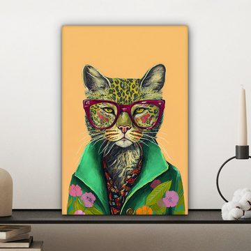 OneMillionCanvasses® Leinwandbild Tiere - Katze - Brille - Blumen - Hippie, (1 St), Leinwandbild fertig bespannt inkl. Zackenaufhänger, Gemälde, 20x30 cm