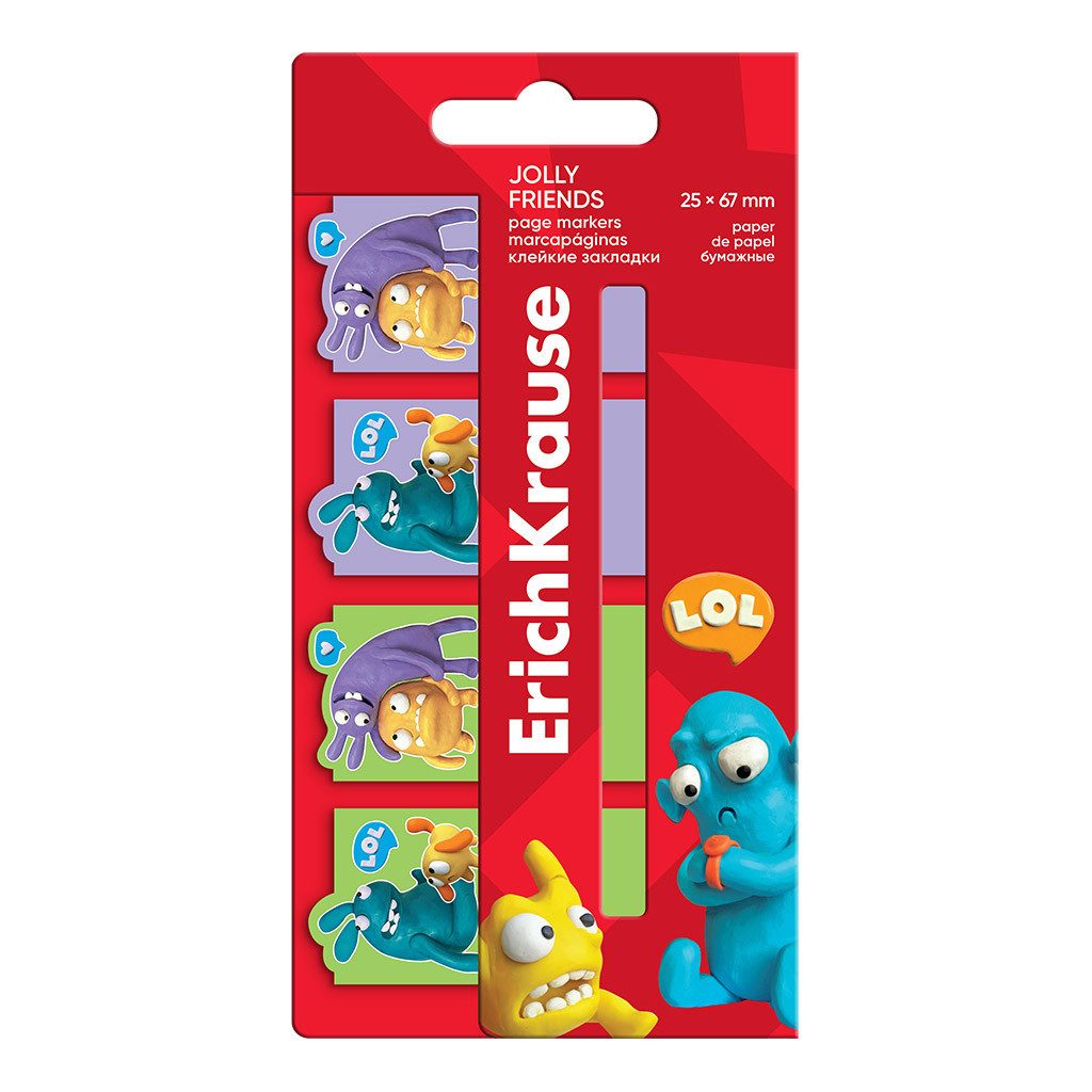 Erich Krause Haftnotizblock, Seitenmarker 25mm Jolly Friends Papier beschriftbar 80 Blatt sortiert