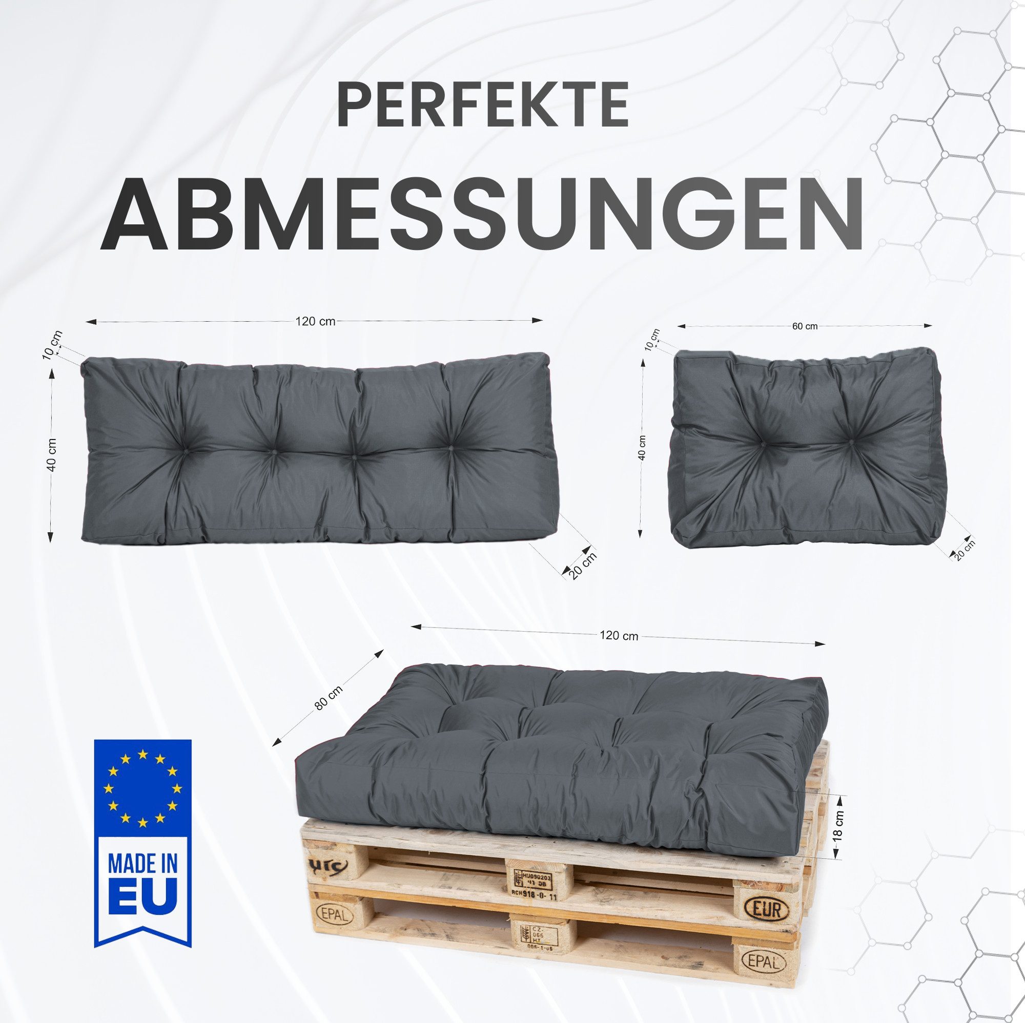 TexDeko Palettenkissen TexDeko Garden Seitenkissen (NUR Seitenkissen) wasserabweisend, Premium-Qualität, gesteppt (60x40x20/10cm)