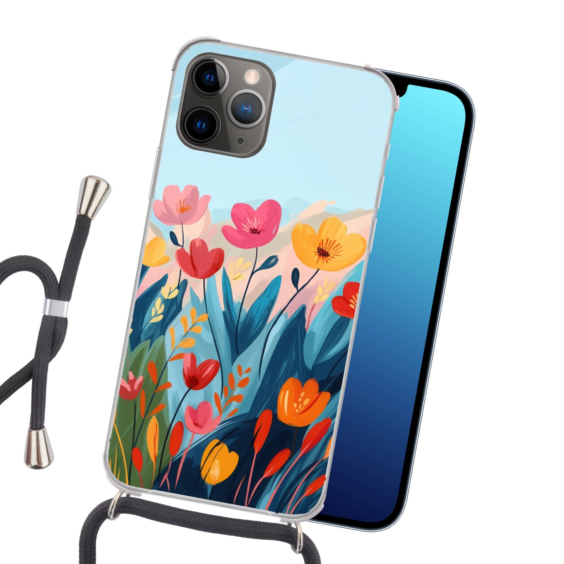 MuchoWow Handyhülle für Apple iPhone 12 Pro Illustration - Blumen - Farbenfroh, Tragbare Handyhüllen mit Kette zum umhängen, Handykette Handyband