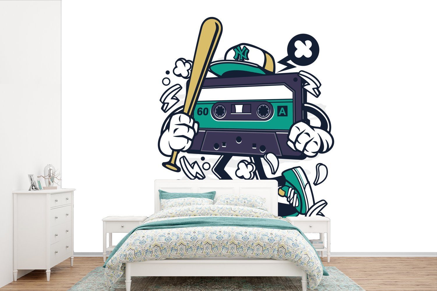 Wohnzimmer, bedruckt, - Matt, Kinderzimmer, Tapete Vinyl Baseballschläger Fototapete Kassettenkassetten Skateboard MuchoWow Wallpaper - (6 Schlafzimmer, St), für Vintage, -