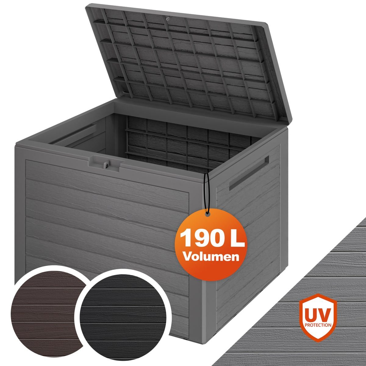 Casaria Auflagenbox Lille (1 St), 190L UV-beständig Griffmulden Verschließbar Balkon Holz-Optik Grau