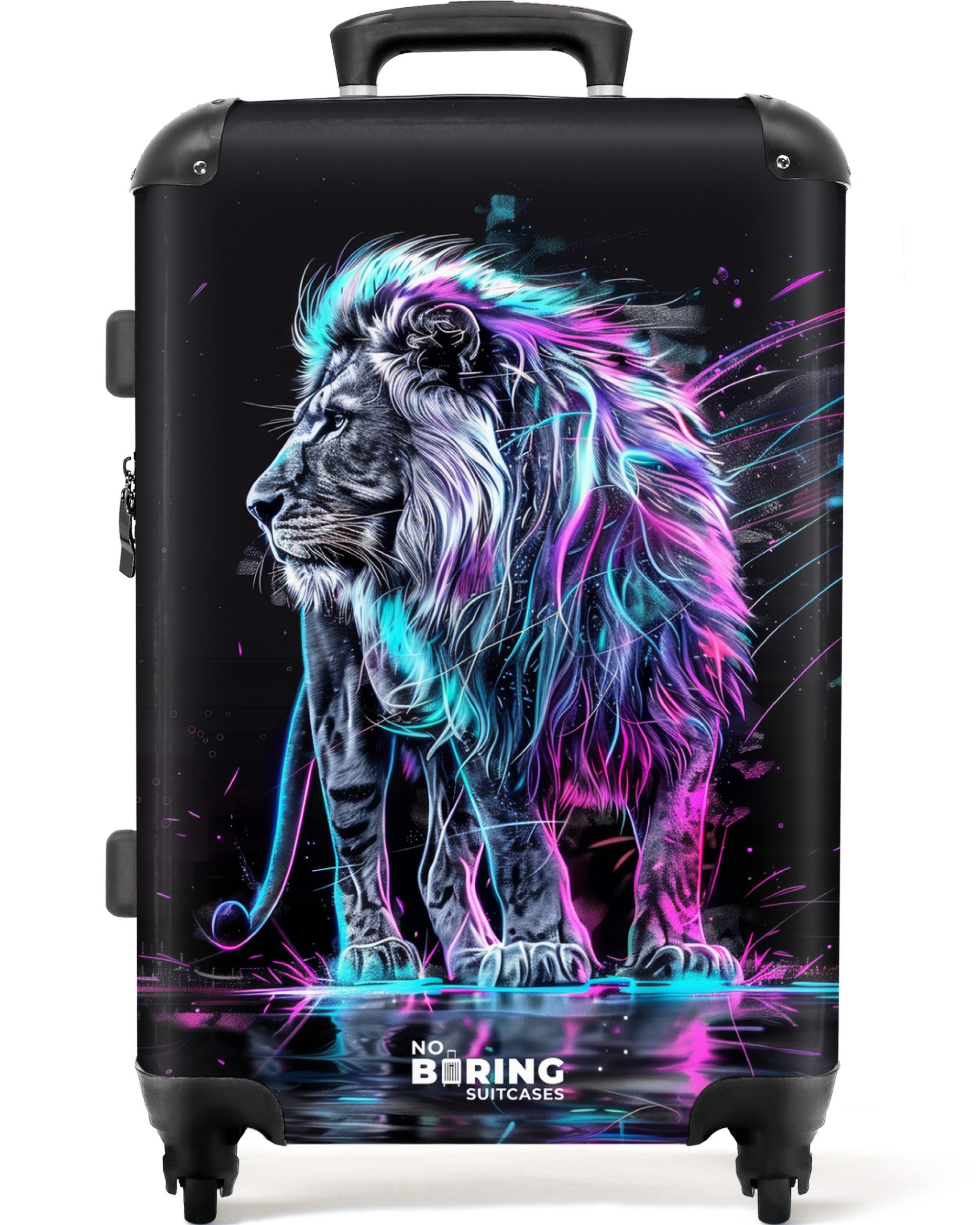 NoBoringSuitcases.com© Kinderkoffer mit leuchtende Räder - Löwe - Cyberpunk - Mystisch 67 cm - 72 L, 4 Rollen, Koffer Mittelgroß für 20kg, Suitcase für Erwachsene, Reisekoffer