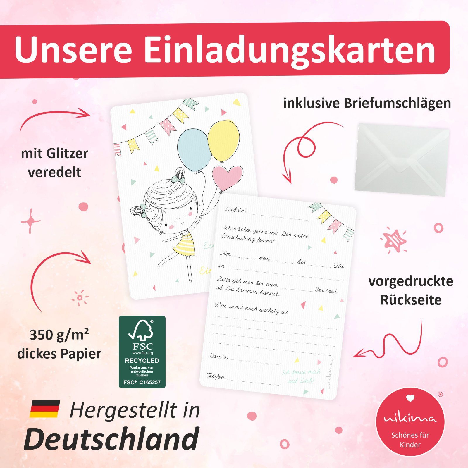 nikima Einladungskarten 10 Einladungskarten zur Einschulung Mädchen inkl. Umschlag