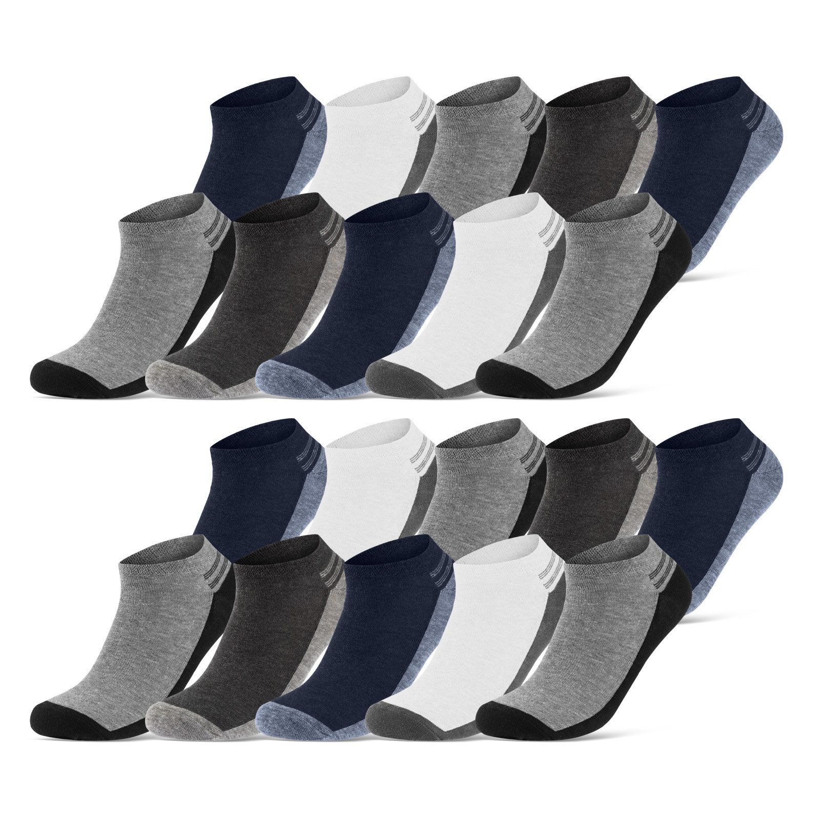 sockenkauf24 Sneakersocken 8, 12 oder 20 Paar Sneaker Socken Herren&Damen (16737, 20-Paar, 47-50) Baumwolle Atmungsaktiv Mehrfarbig