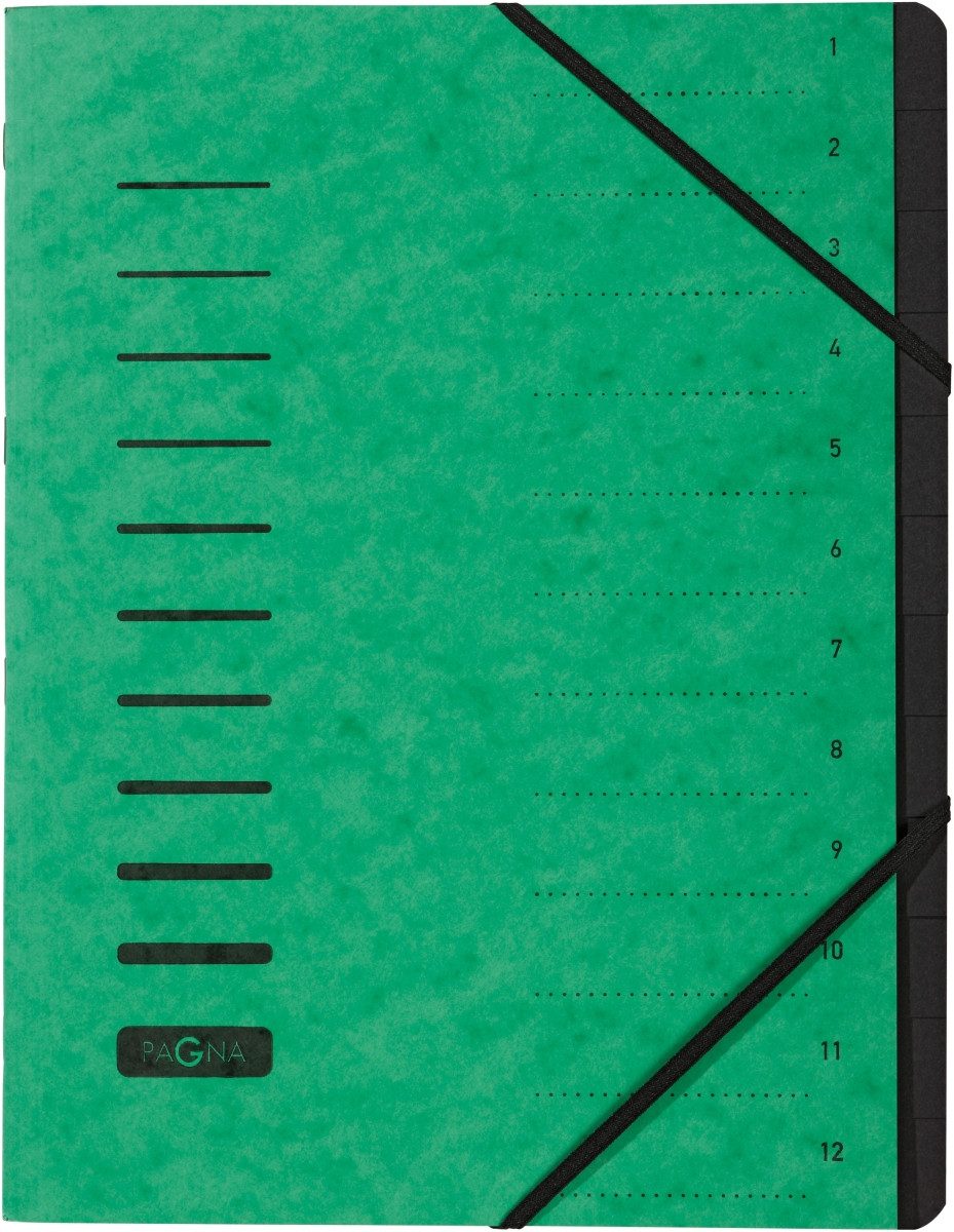PAGNA Organisationsmappe Ordnungsmappe 12 Fächer grün Packung mit 5 Stück