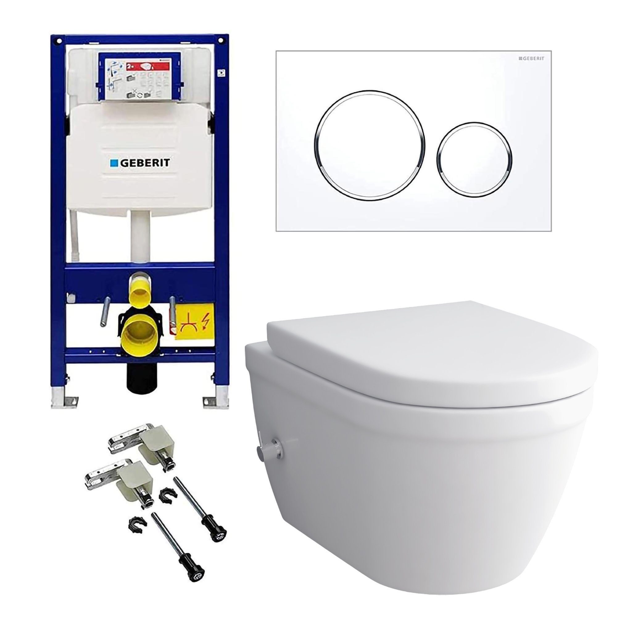 Alpenberger WC-Komplettset - Toilette mit Spülkasten - Vorwandelement WC Set Komplett Geberit, Wandmontage, (Drückerplatte und Bausatz inklusive WC mit Bidet Funktion), Dusch WC mit Armatur, WC Sitz mit Absenkautomatik