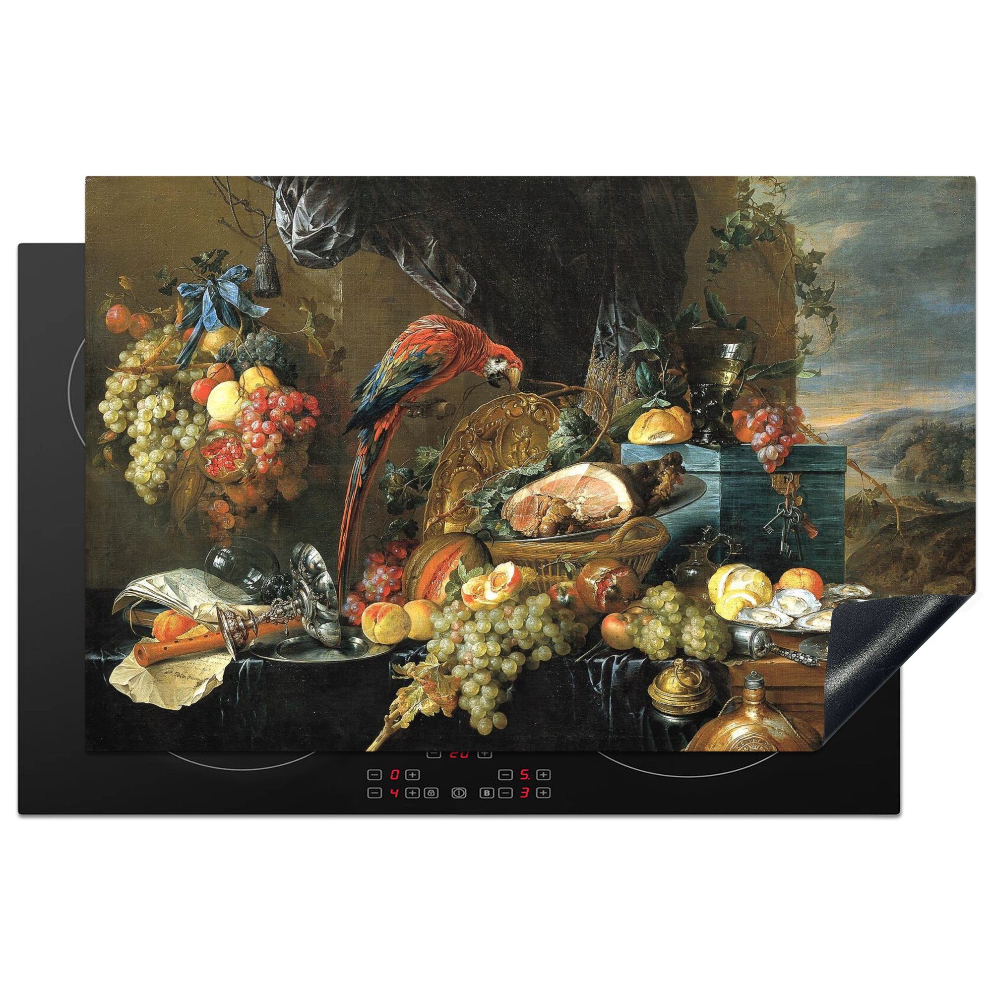 MuchoWow Herdblende-/Abdeckplatte Ein reich gedeckter Tisch mit Papageien - Gemälde von Jan Davidsz de, Vinyl, (1 tlg), 81x52 cm, Induktionskochfeld Schutz für die küche, Ceranfeldabdeckung