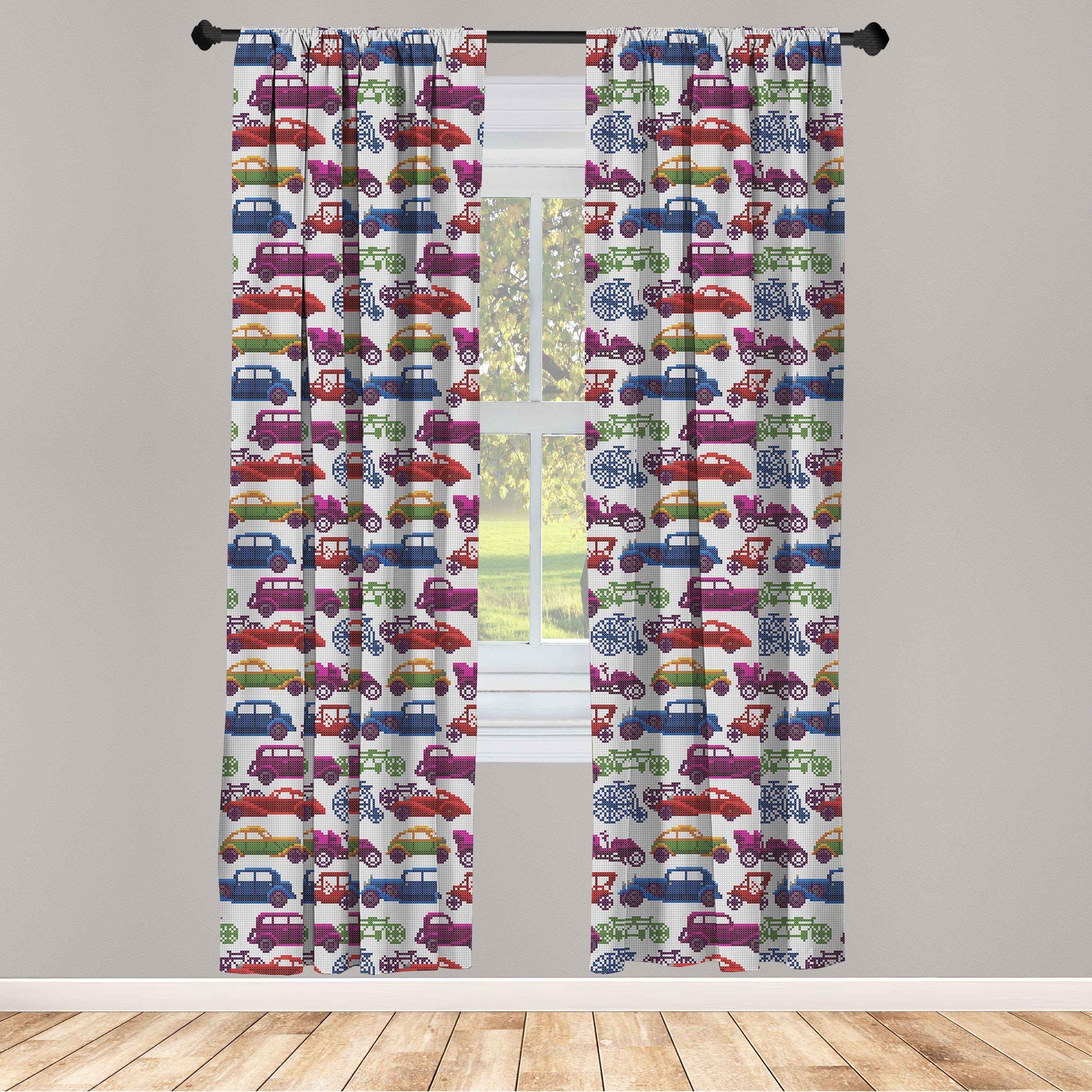 Gardine Vorhang für Wohnzimmer Schlafzimmer Dekor, Abakuhaus, Microfaser, Autos Rhythmische Bunte Autos