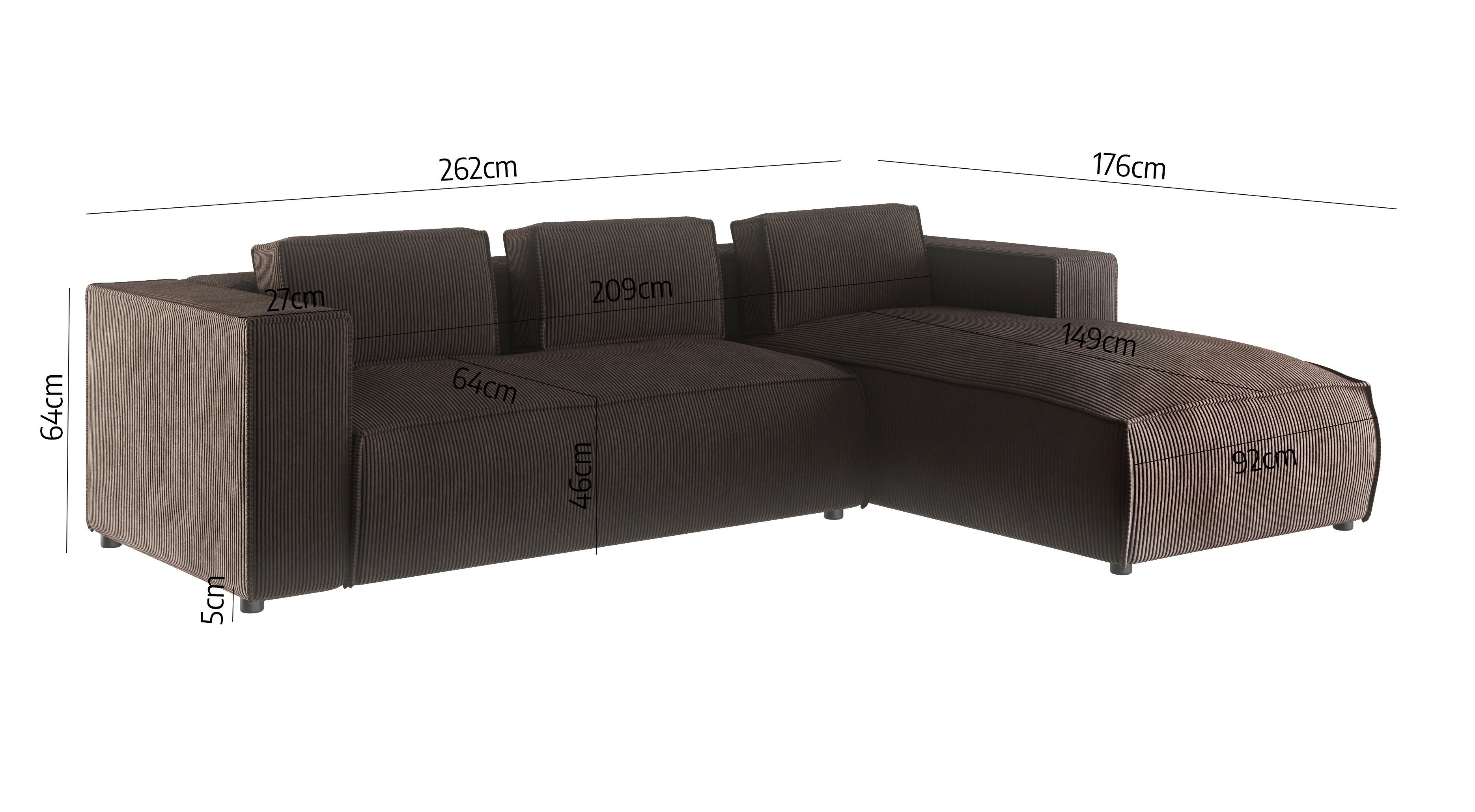in Optik, Möbel bestellbar 2 Dunkelbraun mane Teile, mit links Ecksofa Wellenfederung Renne, rechts oder S-Style Moderner