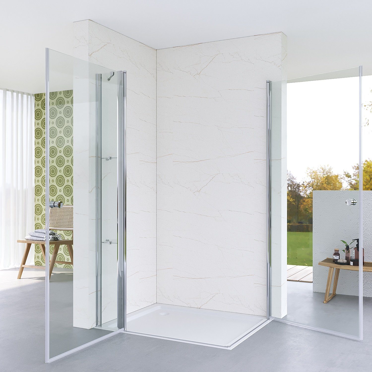 AQUABATOS Eckdusche Duschkabine Eckeinstieg Eckdusche Duschwand Duschabtrennung, BxT: 100x80 cm, Einscheiben-Sicherheitsglas (ESG) 5 mm, Pendeltür Glas Duschtür mit Festteil Drehtür mit Nebenteil Hebe Senk Funktion, rahmenlos, Breite wählbar, Echtglas, Klarglas, mit Verstellbereich, links und rechts montierbar, Sicherheitsglas, barrierefrei, mit Stabilisationsbügel und Duschablage